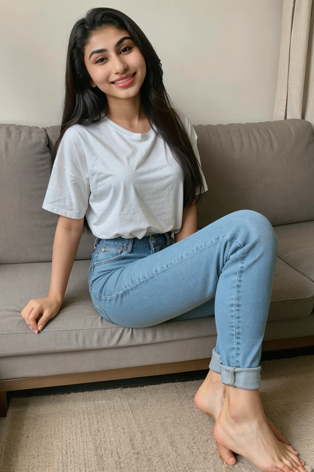 girl named mouni roy, wearing tshirt and jeans, full body photo, smiling, sitting on sofa, barefoot, feet, body