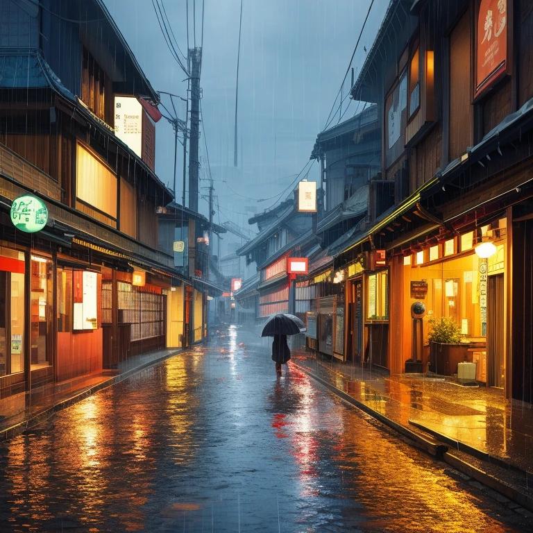 Create images of two cars wandering the streets of Japan in rainy weather