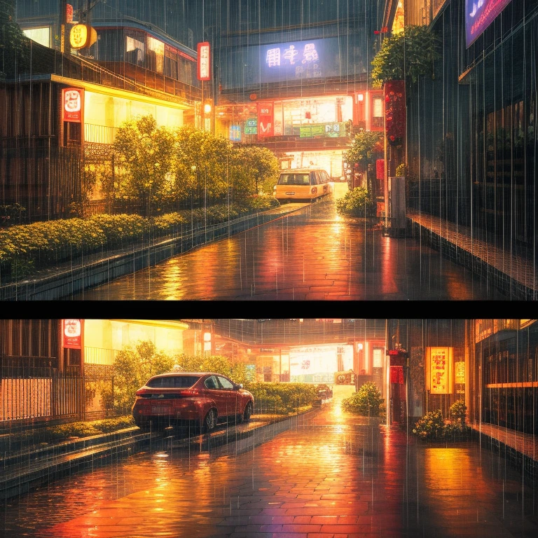 Create images of two cars wandering the streets of Japan in rainy weather