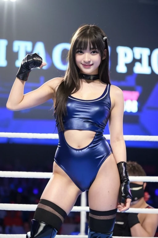 A pretty girl with perfect figure,(Lori,sixteen years old), (sexy wrestling costume swimwear), Very small breasts,Long Black Hair,bangss,Stand in the ring of professional wrestling,extremely detailed face and skin, Detailed eyes, Double eyelids, little smiling,put hands on the hip,Wrestling boots,shairband,Lace gloves,Less muscle,skinny thigh,Nogizaka46