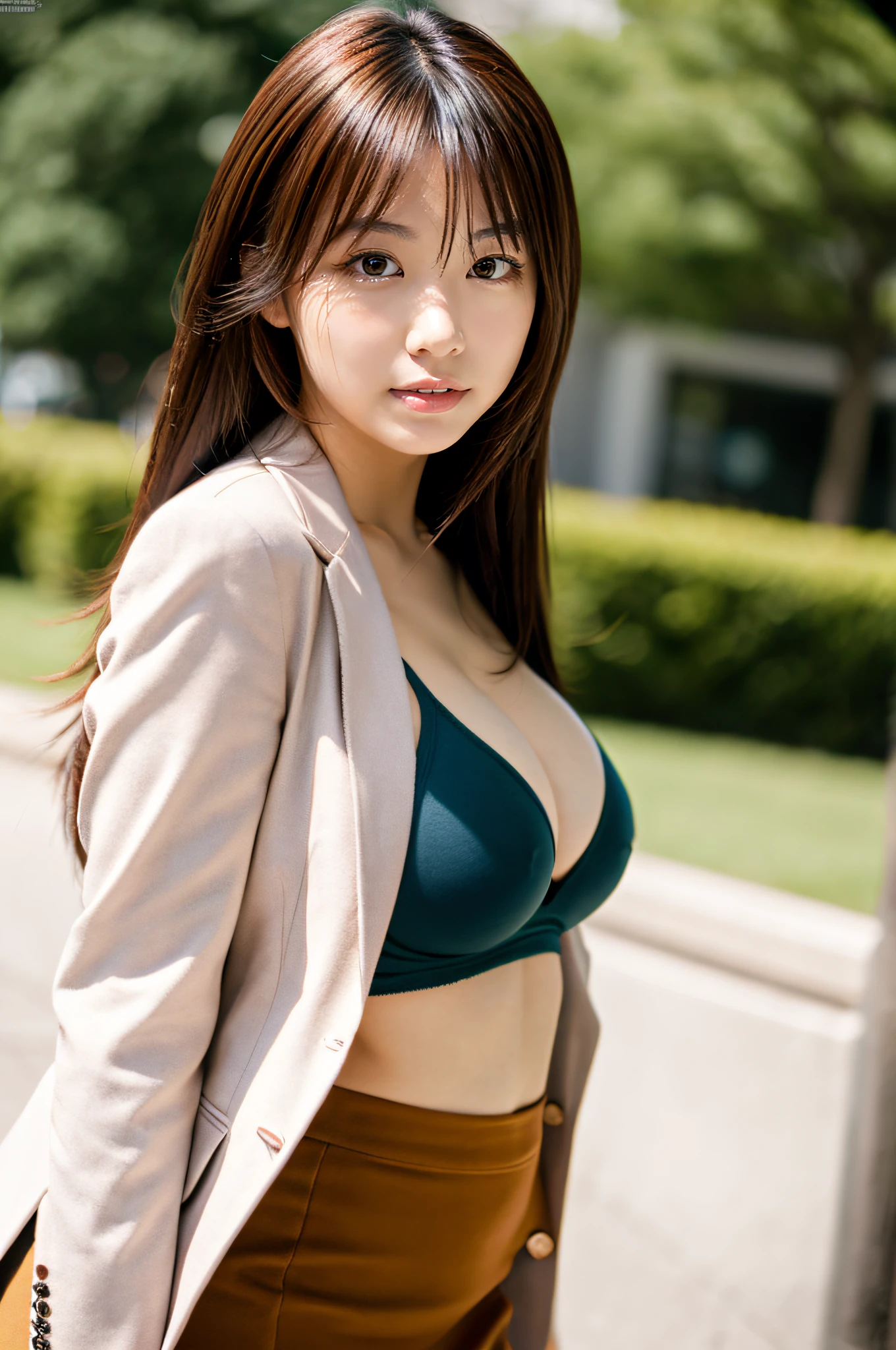 ultra-quality,An ultra-high picture quality,The ultra -The high-definition,masterpiece,超A high resolution,Fine skin,pretty hair,Deep shading,Contrasty,reallistic,A Japanese Lady,Beautyfull asian、Young Gravure Idol,kawaii,Cute,Young Pretty,Gravure photography,large full breasts,Colossal tits,A sexy,erotick,{Obscene}, s Office,Suits,skirt by the,Medium Hair,,{Racy poses},{pose sensual},Standing,,taken from the under,Pose randomly,Farbe々Angle,Brown hair,Looking at the camera,is wearing jacket,