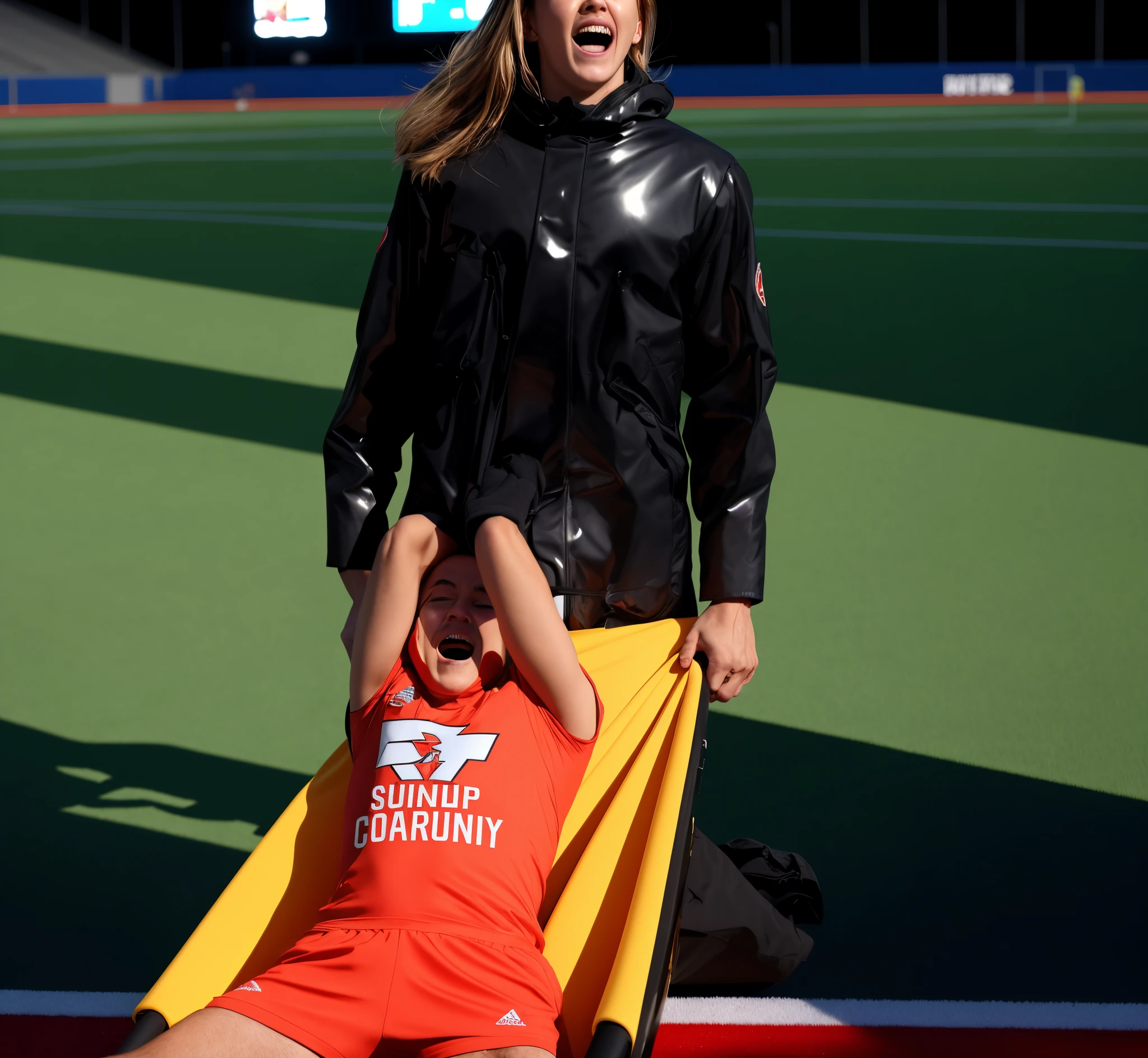 very very glossy and slick downcoat, Photography of an injured sportsman on a stretcher being carried by a longhaired blond woman in a long black down coat, a shiny vinyl coat, a shiny black down coat, a high shine dark down coat, a young male soccer player in short sportswear is lying on his back on a stretcher and is grabbing his shin with his hands, hyperralistic, very realistic, ultrarealistic photorealistic, pgoto, photoreal, a young woman is wearing a high shine black downcoat and is holding a stretcher inside a sports stadium, a young madeup blond woman in a high-shine padded coat is shouting out for help and has a very sad and furious expression in her face, a sportsman is lying on a stretcher and has a very painful and suffering face, a young sportsman on a stretcher with a very painful expression in his face, dramatic action pose, sports accident, injury scene, theatralic pity pose, pity pityful, pain, a sportsman is lying on a stretcher and is crying in pain, a young madeup woman in a shiny coat is carrying a man on a stretcher inside a sports stadium, sports scene, stadium