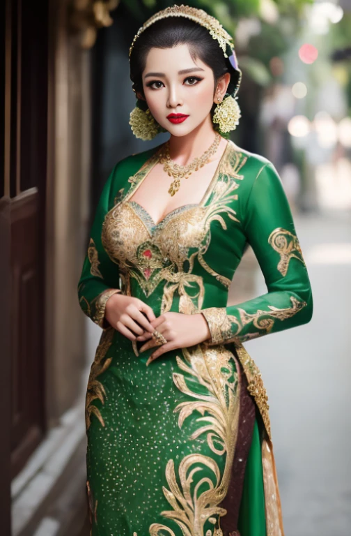 photography, woman,  portrait of java wedding woman in green long kebaya dress traditional, red lipstick, golden necklace, earrings, ornate, detail, flowers, street background, soft focus, Breast cleavage, detail, slim body, (((full body))), eyes on camera, face on camera,