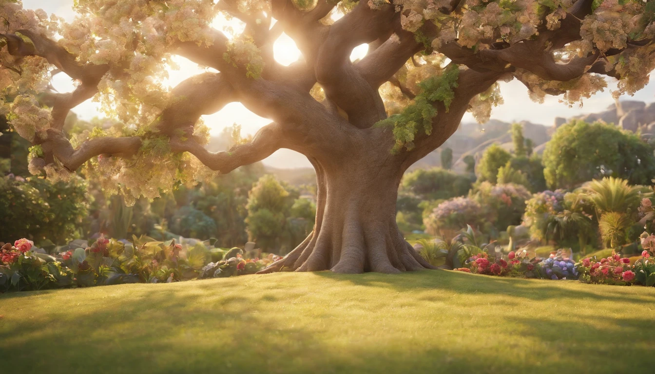 a pixa Disney cartoon cover of biblical times; the tree of life in the middle of a very beautiful garden, full photo with very beautiful fruits,  surrounded by other beautiful tress and flowers, no roads just a tree in the middle, 3D, animation film, animated film still, rendered in corona, epic illumination.