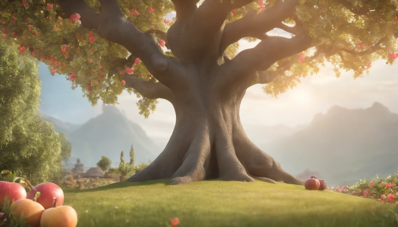 a pixa Disney cartoon cover of biblical times; the tree of life in the middle of a very beautiful garden, full photo with very beautiful fruits, surrounded by other beautiful tress and flowers, no roads just a tree in the middle, 3D, animation film, animated film still, rendered in corona, epic illumination.