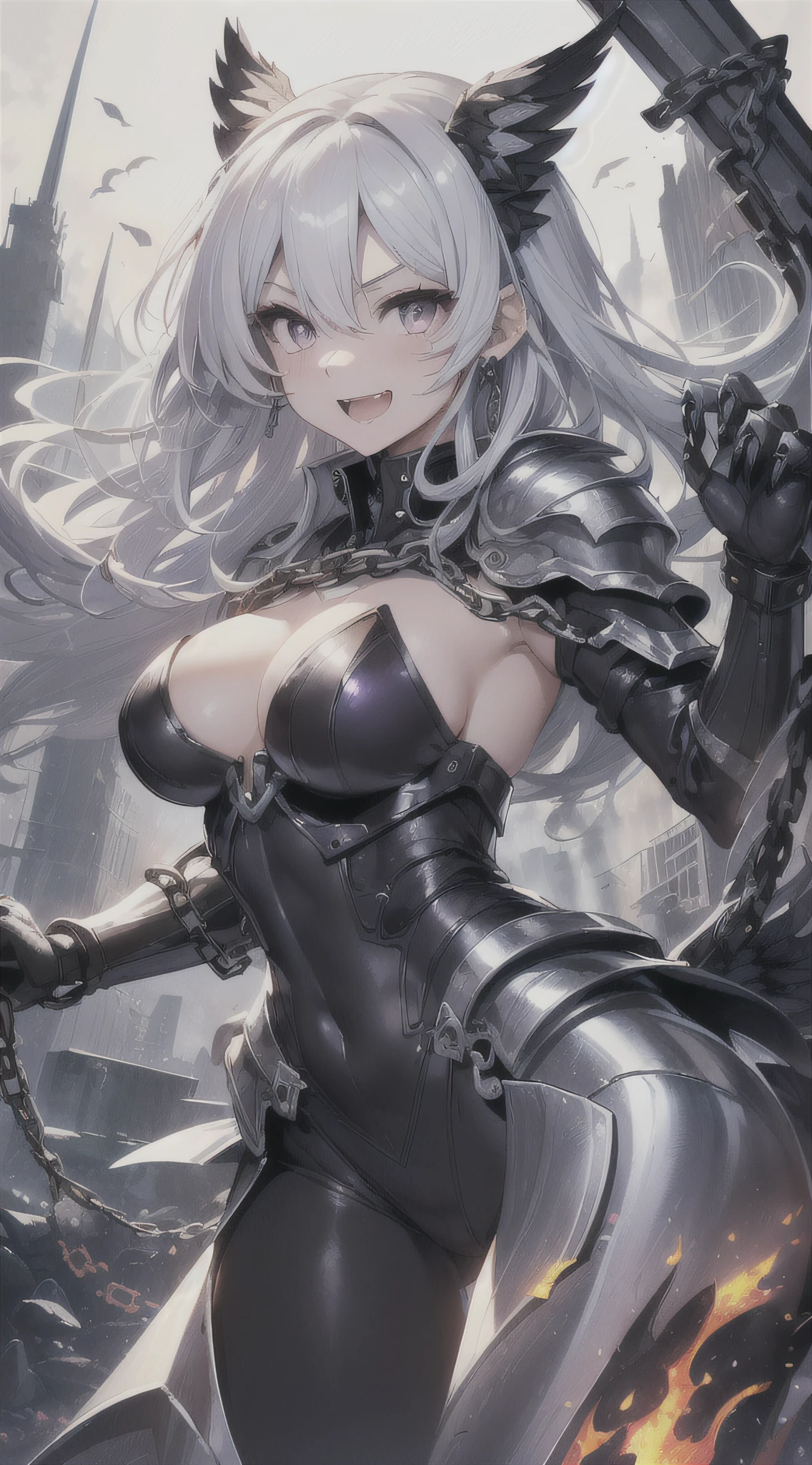 top-quality、Top image quality、​masterpiece、girl with((Silver and black mechanical body armor、silver mechanical arm、silver leg arms、Shining red body line、、teen ager、cute lit Bust、big bast,Beautiful shining purple eyes、Breasts wide open, white  hair、black mechanical wing,Longhaire、A slender,Large valleys、belligerent movements,sharp claws、anchor chain、chain、chains、Beam Cannon、Laugh、holds a black sword、fighting poses)),hiquality、Beautiful Art、Background with(natta、(Burning City、Pillar of fire、fluttering white feathers、flying beam)))、,masutepiece、depth of fields,Cinematic style