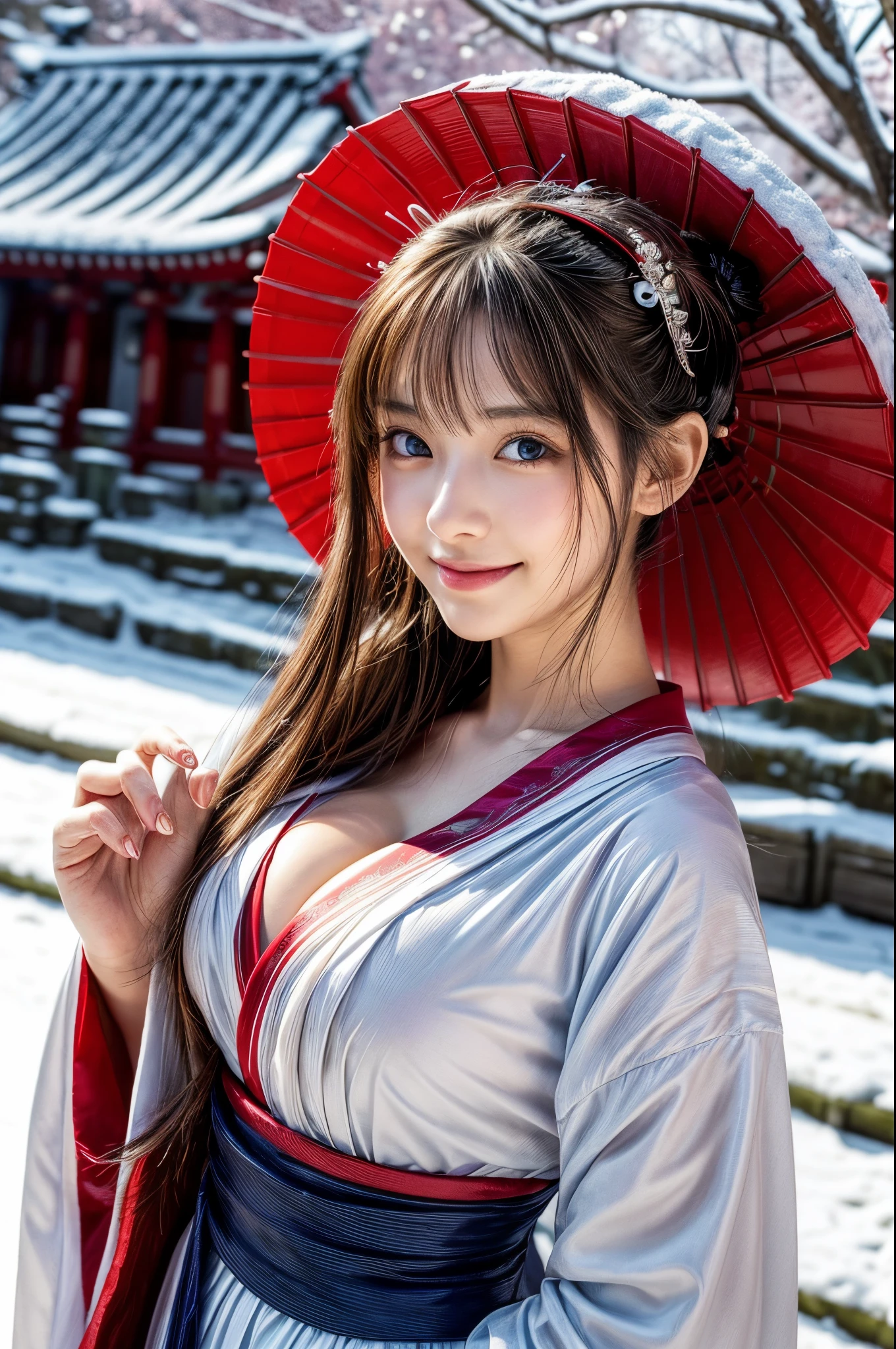 (masutepiece:1.3, Photorealsitic:1.4, 8K), top-quality, ​masterpiece, 超A high resolution, Perfect dynamic composition, Highly detailed skin and  texture:1.3, A detailed eye, Detailed limbs, Night precincts in snowy country:1.2, 1girl in, Cute  22 year old slim woman, Fair skin, ((Natural smile:0.9, Totally captivates you:1.0)), (accurate shrine maiden costume:1.18), (( :0.9)) (Facing the front, Praying:0.7), (Beautiful blue eyes, Eyes that feel beautiful eros:0.85),  face:0.4, (A mouthfeel that feels beautiful eros:0.85), ((Too cute beauty:0.9))