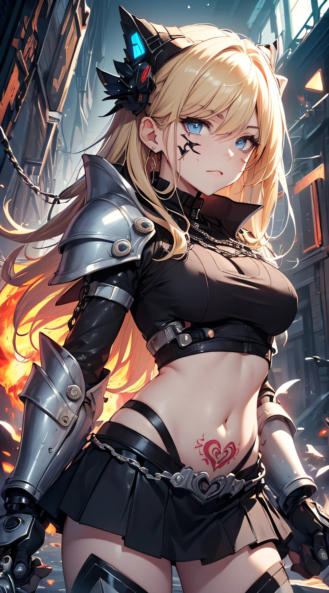 top-quality、Top image quality、masterpiece、girl with((Black Mechanical Armor、、teen ager、cute lit Bust、big bast,Beautiful light blue eyes、Breasts wide open, a blond、A slender,Large valleys、belligerent movements,Warlike face、Navel Tank Top、mechanical short skirt、anchor chain、chain、Holding a chainsaw、red heart tattoo on cheek、dye one's cheeks red、fighting poses)),hiquality、Beautiful Art、Background with((universes)))、Depth((black hole)),masutepiece、depth of fields,Cinematic style