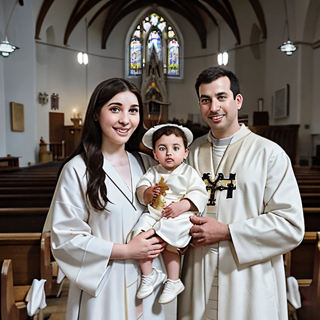 arafed couple in church with priest and priest standing next to each other, standing in front of the altar, wearing white robes!, npc with a saint's halo, in church, wearing white cloths, wearing white robes, with infant jesus, npc with a saint\'s halo, commissioned, dressed like a cleric, in this church interior, standing in a church 2D OLD DISNEY ANIMATION