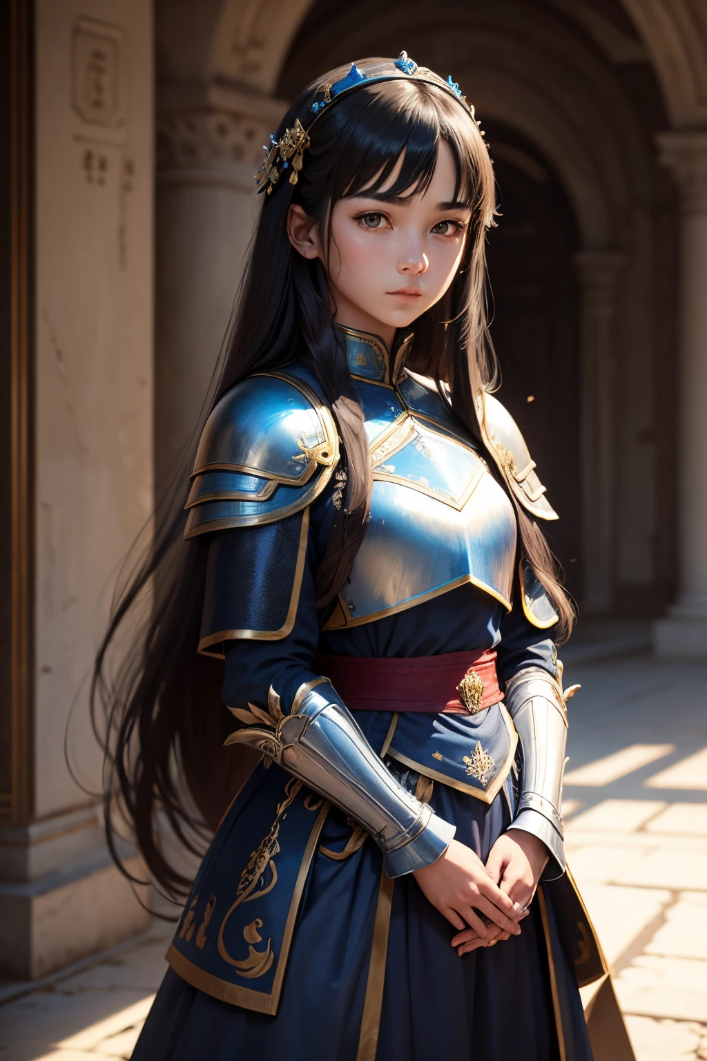 The background is the Palace, a girl name is min, 18 years old, black eyes, long hair, wearing blue armor, Hand bowed