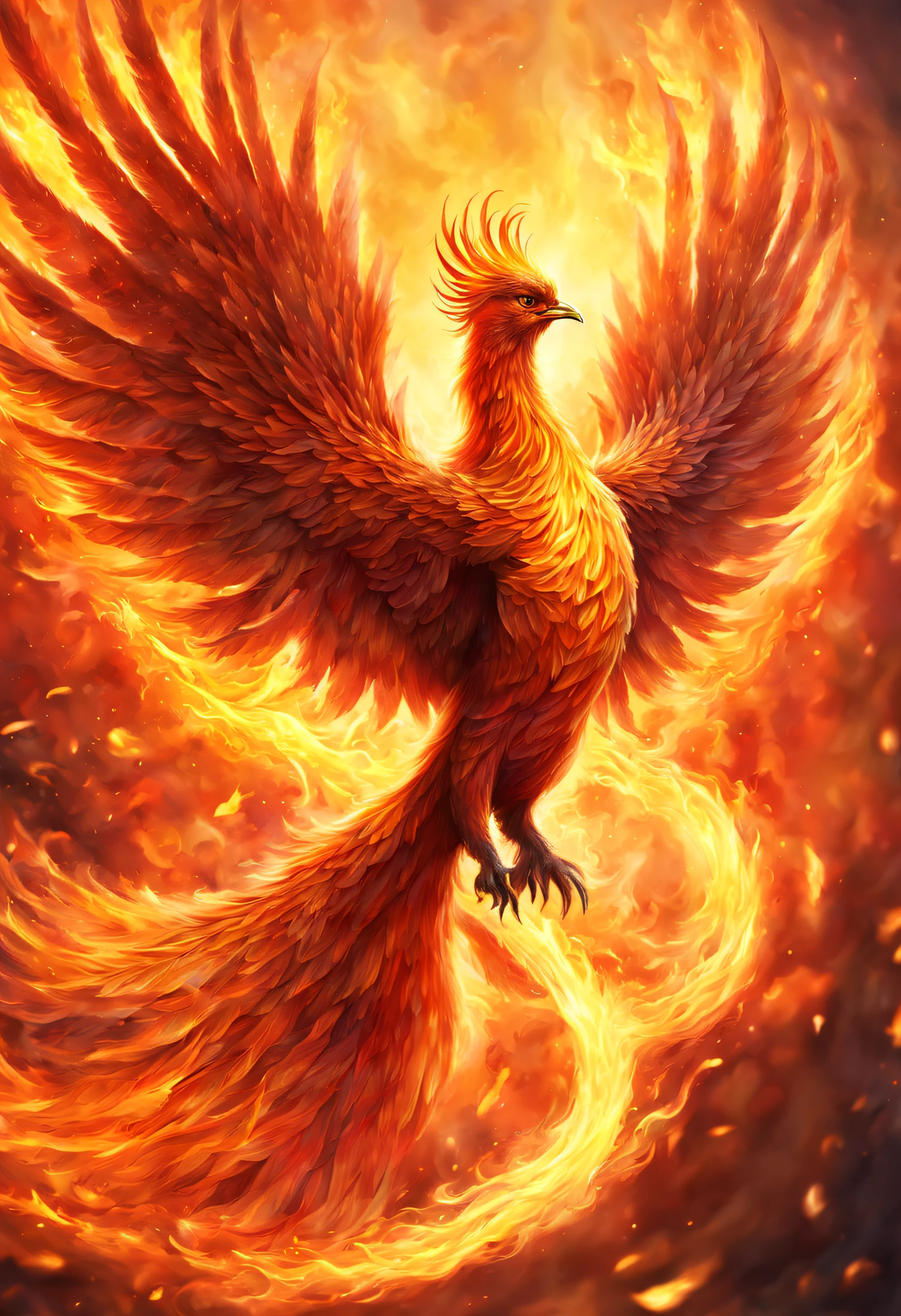 A beautiful phoenix is reborn in the fire, it has a very visible and lot of textured aura.