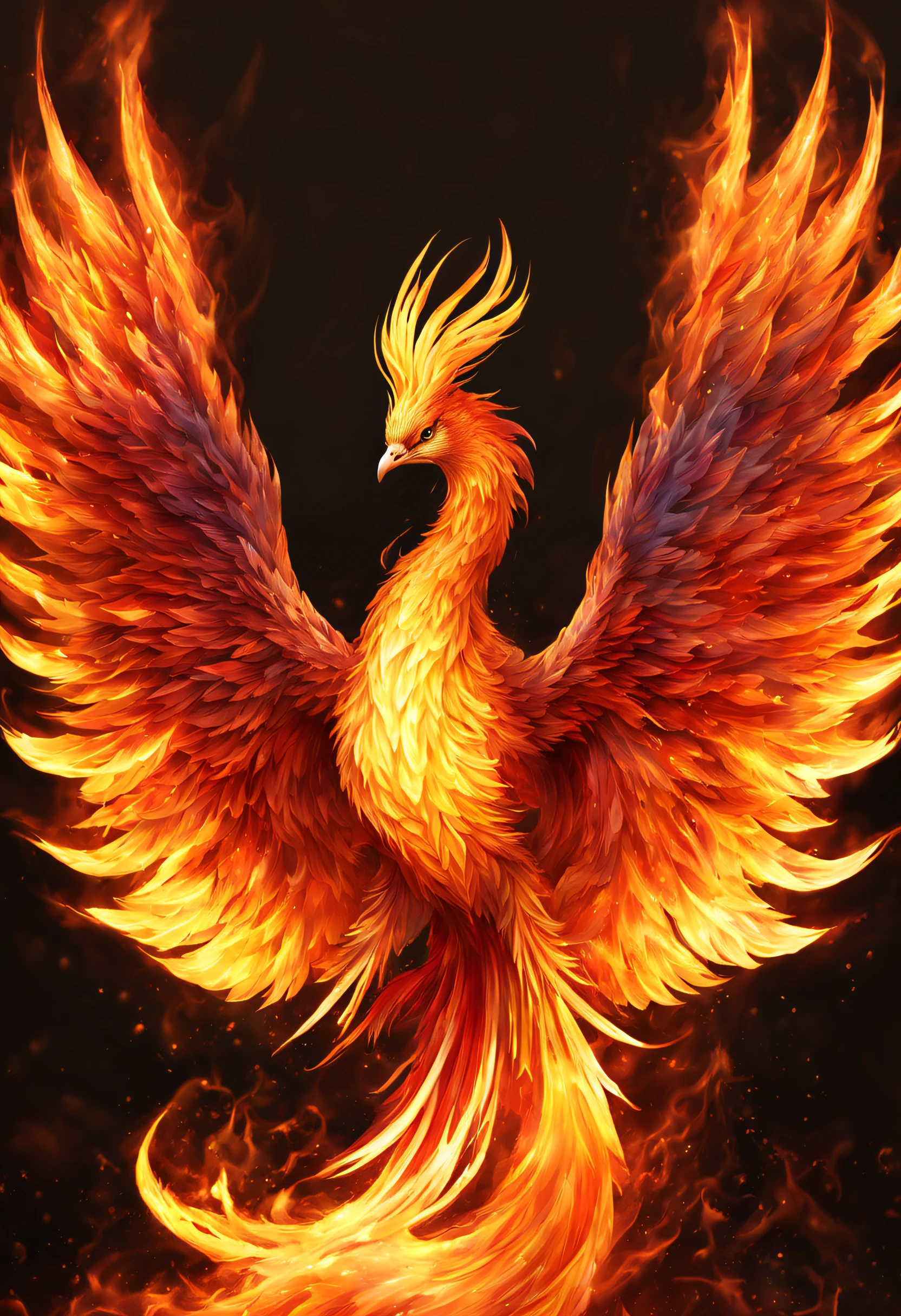 A beautiful phoenix is reborn in the fire, it has a very visible and lot of textured aura.