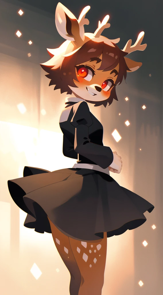 Best Quality, super detailed illustration,(deer guy:1.2) , The body is like a girl's, Short Hair Hair, Dressed as a butler, scarlet eyes, gloomy atmosphere, very detail, The legs are extremely detailed, The hands are very detailed, The face is extremely detailed, The eyes are perfectly detailed, The anatomy is very detailed))): 1.2, 独奏, sexy body, Skin, perspective, front angle, Looking at the viewer with a friendly look and smile, the perfect body, Attractive,The SMUGGEST