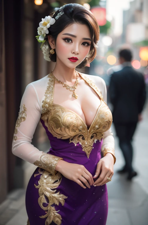 photography, woman,  portrait of java wedding woman in purple long kebaya dress traditional, red lipstick, golden necklace, earrings, ornate, detail, flowers, street background, soft focus, Breast cleavage, detail, slim body, (((full body))), eyes on camera, face on camera,