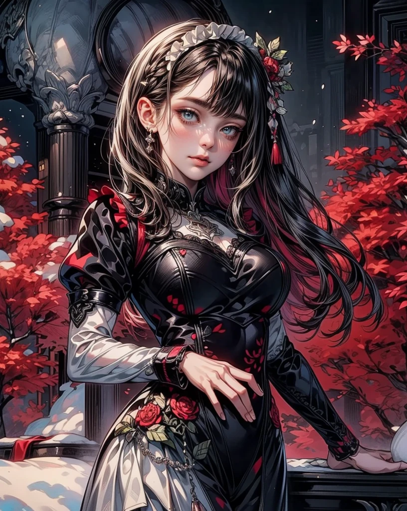 Fine illustration, ultra detailed, highres, from front, , elegant woman, elegant pose, black-white_dress, bodysuit, red tree,white_glistening long hair, beautiful woman, scenary world,snow,detailed bodysuit with glittery decoration of dress, detailed embroidery, extremely layered frills, detailed texture, detailed pattern, room background,