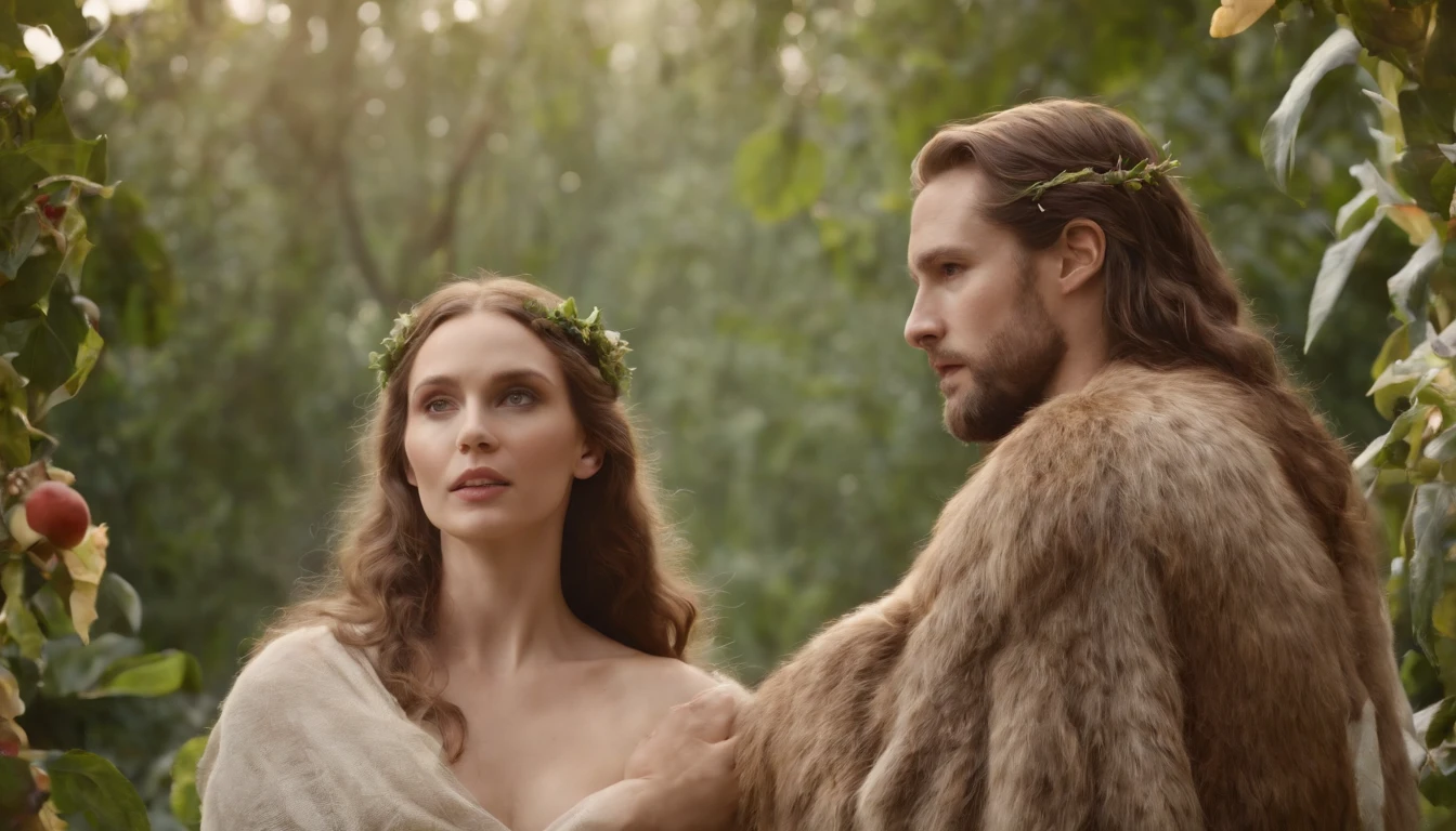 Adam and eve in the Garden of Eden dressed in animals cloths
