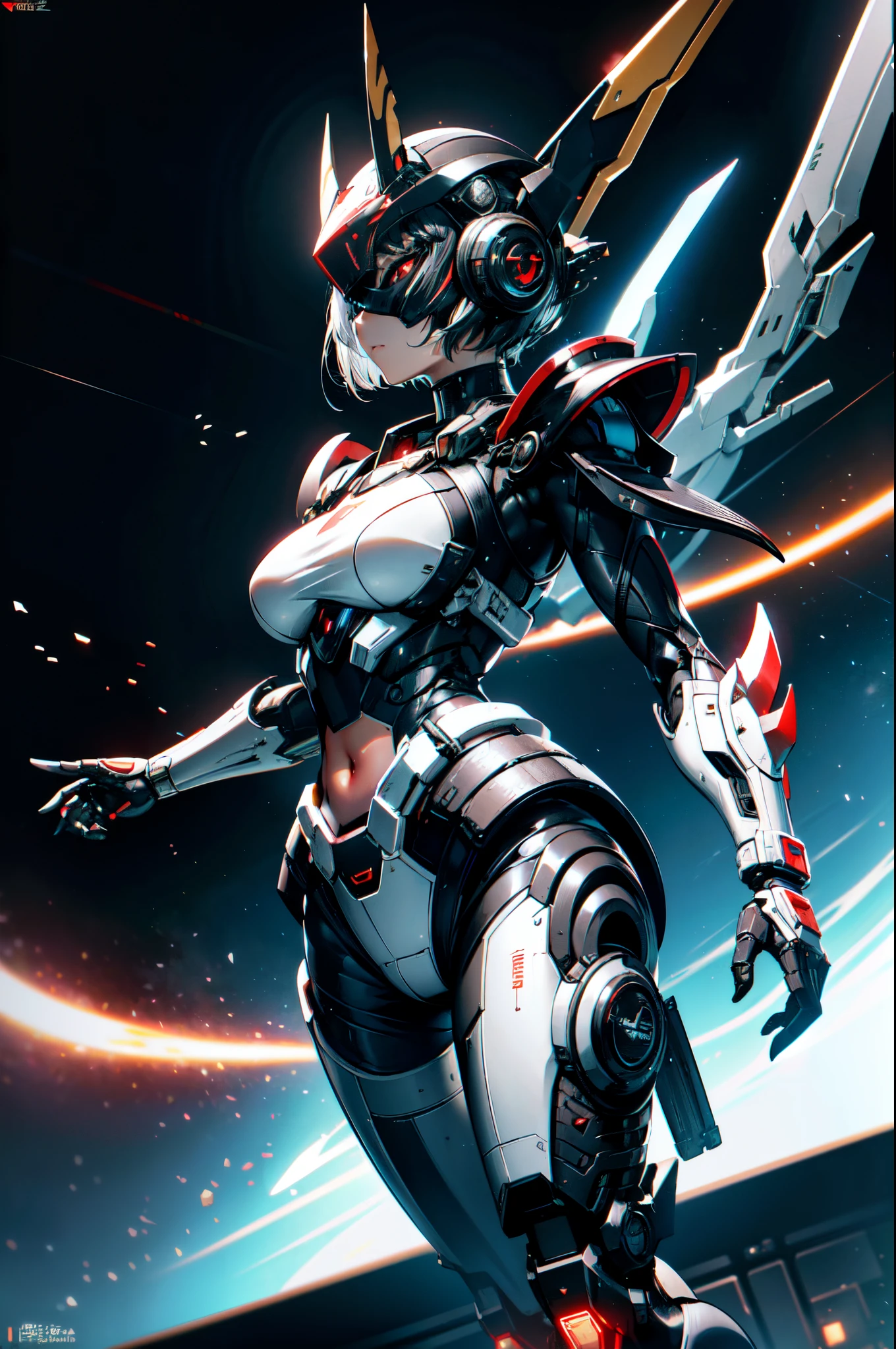 top-quality, masterpiece, Machines with fine details, unbelievably beautiful, very delicate 8k wallpaper, Transcendent Beautiful Girl, Machine body, Mechanical Naked Cyborg, mecha musume, White hair, short-hair, (closed eyes:1.5), Inorganic skin, Science Fantasy,BREAK, (exoskeleton suit), (perfect fingers, 4fingers and 1thumb), (Heavily armored limbs:1.5), (cleavage, navel, zettai_ryouiki), BREAK, cowboy_shot, side focus, open stance, (cyber tech punk mask:1.2), huge thrusters on the waist, sideboob, bloom, super fine concept art, extremely detailed, hawken, sci fi battlefield,