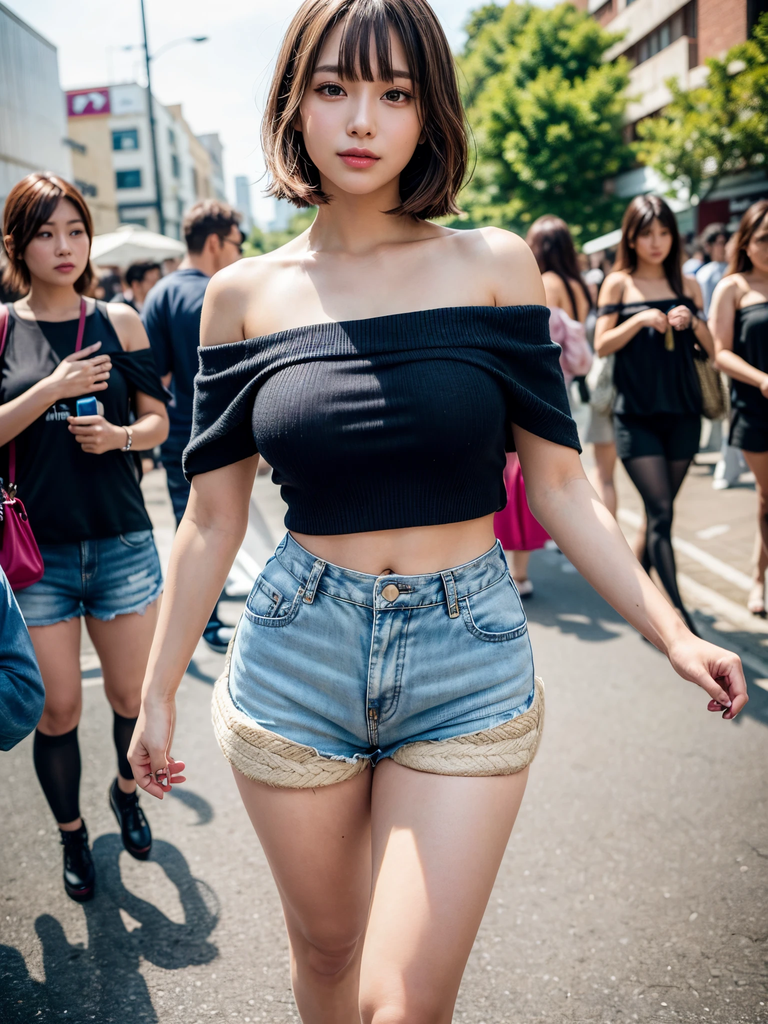 8k,best quality, masterpiece, ultra detailed, ultra high res, photorealistic, raw photo, absurdres, absolutely resolution, (1girl), upper body shot, looking at viewer,a Japanese young pretty girl, hyper cute face, glamorous figure, large breasts,long bob hair,smile,(High-waisted shorts, off-the-shoulder top, espadrilles:1.3),beautiful eyes, Walking through a crowd of people,glossy lips, double eyelids in both eyes, natural makeup, long eyelashes, shiny smooth light brown long bob hair, asymmetrical bangs, shiny skin, central image, high resolution, high detailing, detailed hairstyle, detailed face, spectacular movie lighting, octane rendering, vibrant, hyper realistic, perfect limbs, perfect anatomy