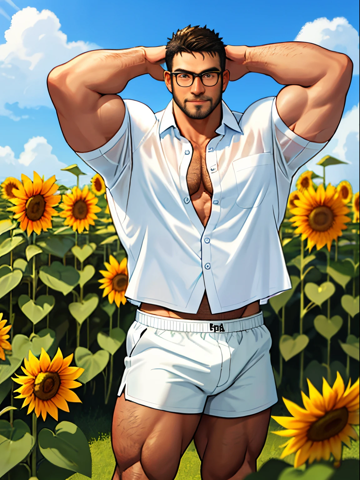 30 years old, big eyes, Chinese male, stubble, white inch, huge muscles, exaggerated muscles, mature man, muscle swelling, bodybuilding, pectoral muscles, abs, in a field of sunflower flowers, plenty of sunflowers, wearing white shirt, open shirt, jeans, sneakers, natural light, wheat-colored skin, 1man, metal glasses, standing