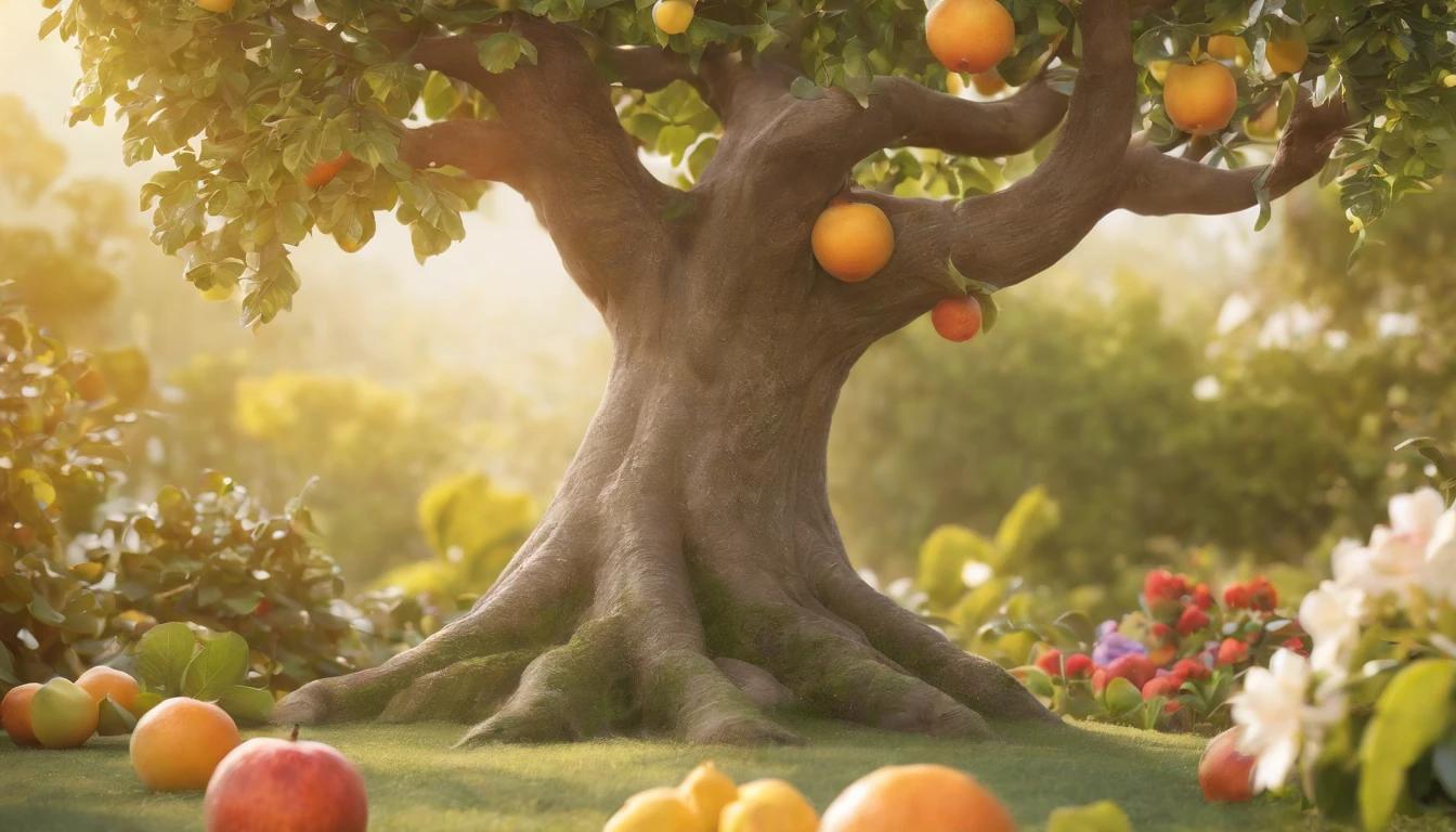 a pixa Disney cartoon cover of biblical times; the tree of life in the middle of a very beautiful garden, very tall tree with golden fruits, full photo with very beautiful fruits, surrounded by other beautiful tress and flowers, no roads just a tree in the middle, 3D, animation film, animated film still, rendered in corona, epic illumination.