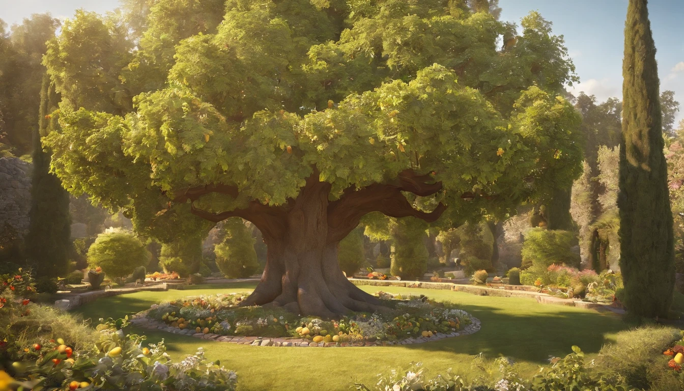 a pixa Disney cartoon cover of biblical times; the tree of life in the middle of a very beautiful garden, very tall tree with golden fruits, full photo with very beautiful fruits, surrounded by other beautiful tress and flowers, no roads just a tree in the middle, 3D, animation film, animated film still, rendered in corona, epic illumination.