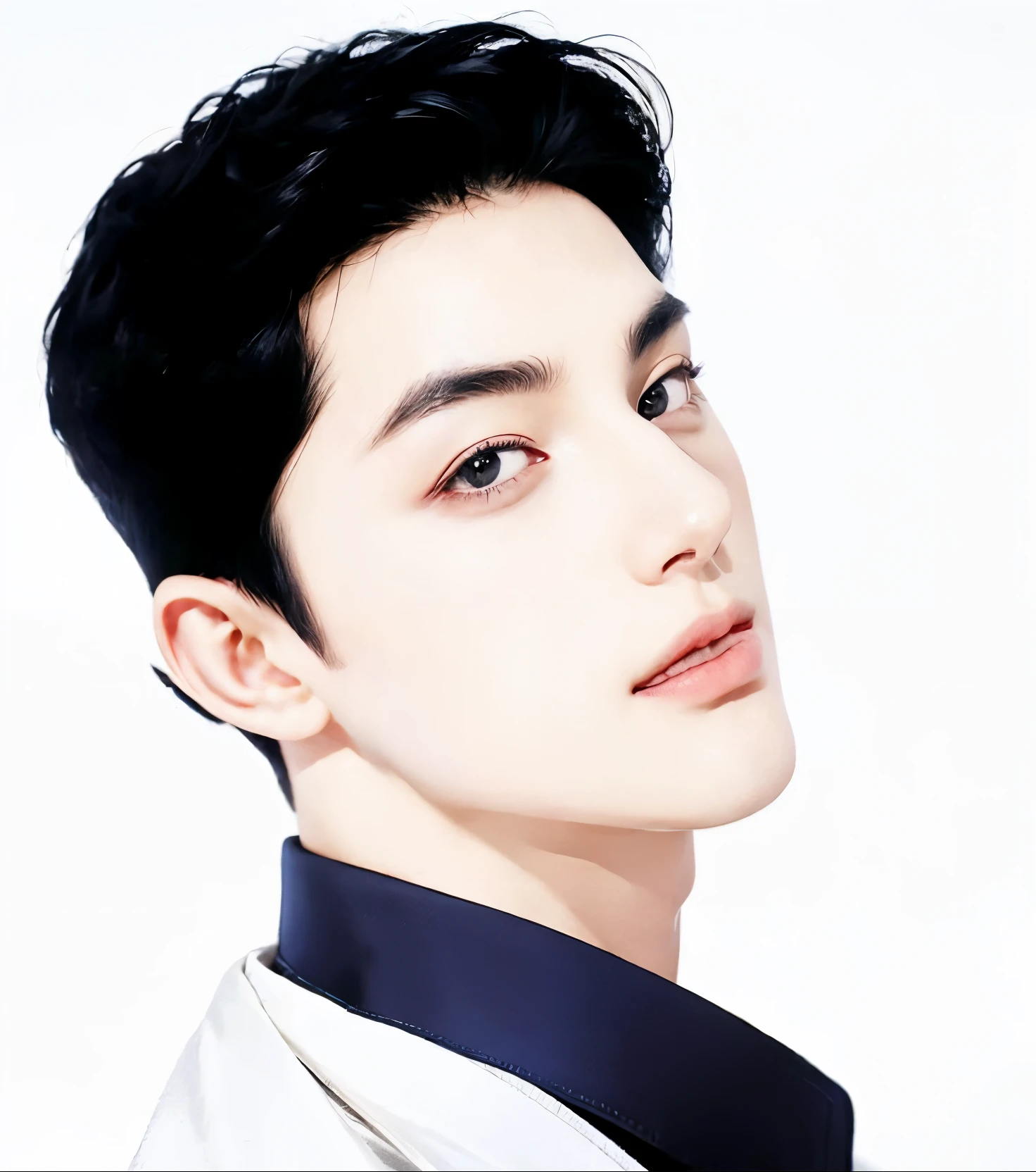 The guy with the black hair, blue shirt and white robe,  man with realistic short thick black hair, exactly the same hairstyle, realistic beautiful face, realistic expression serious face, adapt the same clothes, realistic black suit, Realistic light, realistic shadows, Realistic ultra high resolution background.photo-realistic:1.4,UHD.  Realistic，High resolution without, Masterpiece, Best Quality, Ultra-detailed, better shadow, voluminous lighting), Super High Quality, High Resolution, 8K, Hyper-realistic portrait , photorealestic, dinamic lighting, voluminous lighting, Very Detailed Faces
