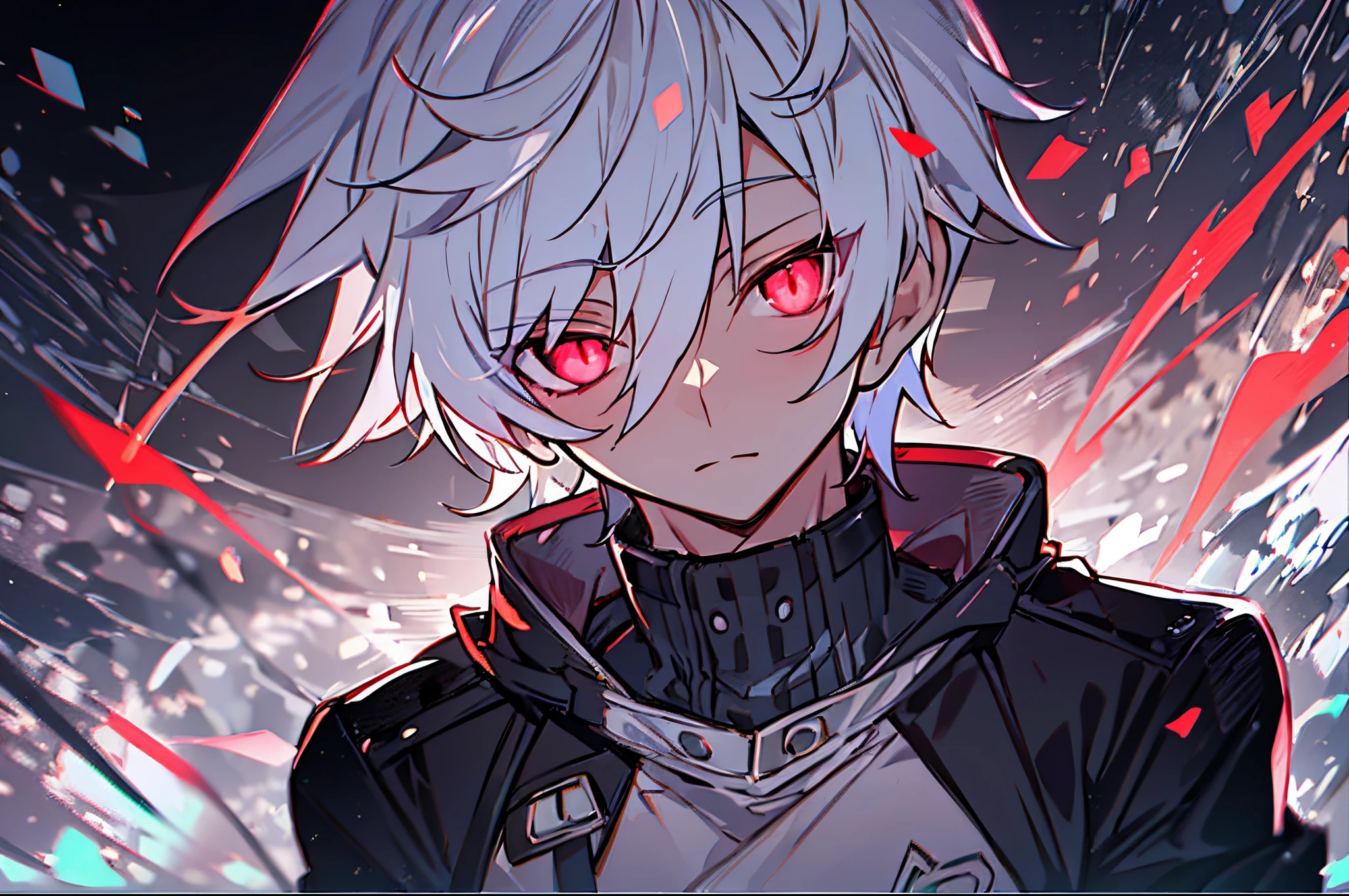 hight resolution,close range、Anime boy with white hair and red eyes staring at camera, Glowing red eyes,slim, dressed in a black outfit,Shadow Body,colorful backdrop,hair messy, Diagonal angle