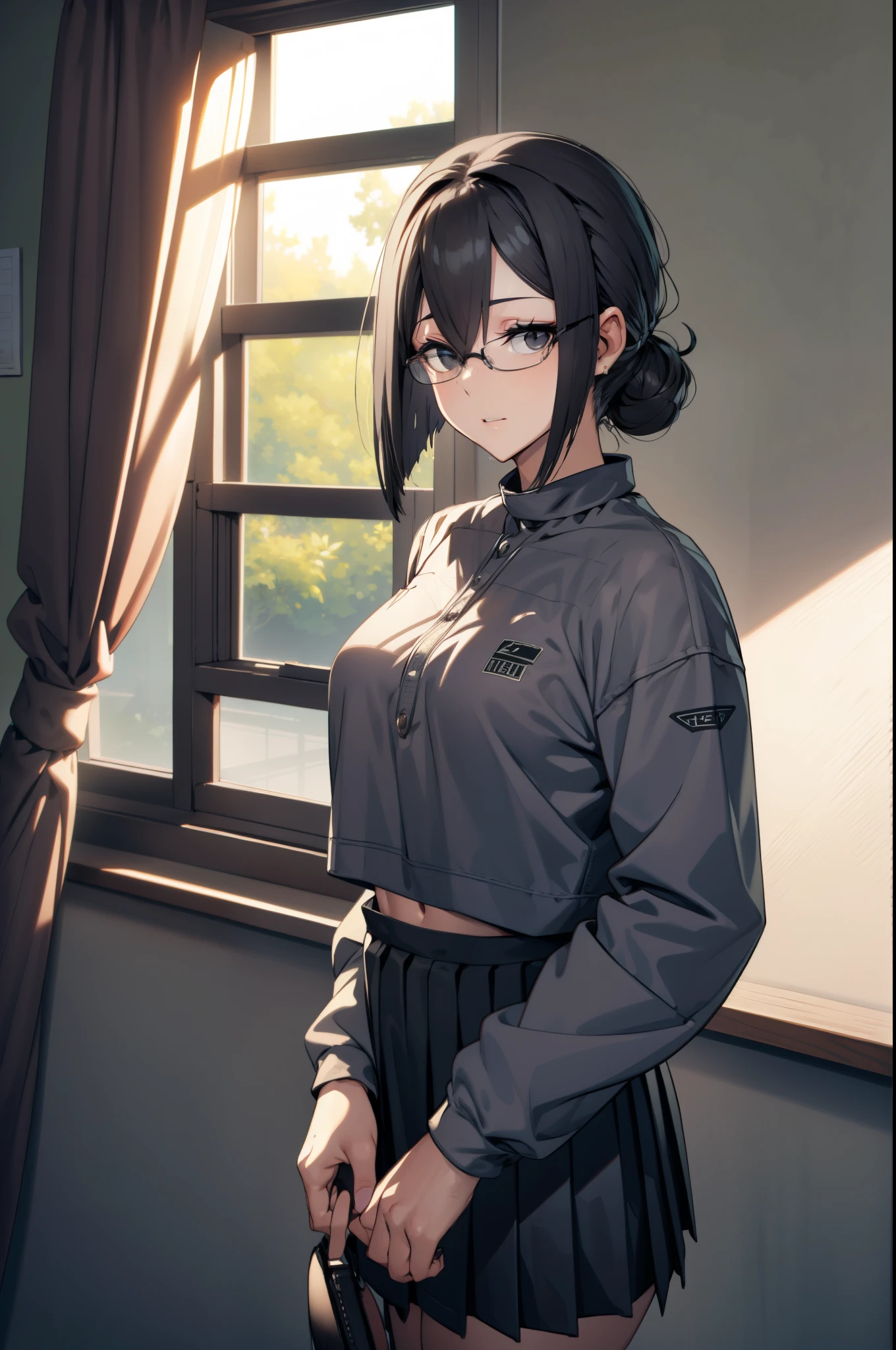 glasses, mole, (black eyes:1.5), mole under mouth, rimless eyewear, medium hair,
BREAK long sleeves, school uniform, serafuku, choker, black choker, skirt, pleated skirt,
BREAK indoors, classroom,
BREAK looking at viewer, (cowboy shot:1.5),
BREAK (masterpiece:1.2), best quality, high resolution, unity 8k wallpaper, (illustration:0.8), (beautiful detailed eyes:1.6), extremely detailed face, perfect lighting, extremely detailed CG, (perfect hands, perfect anatomy),