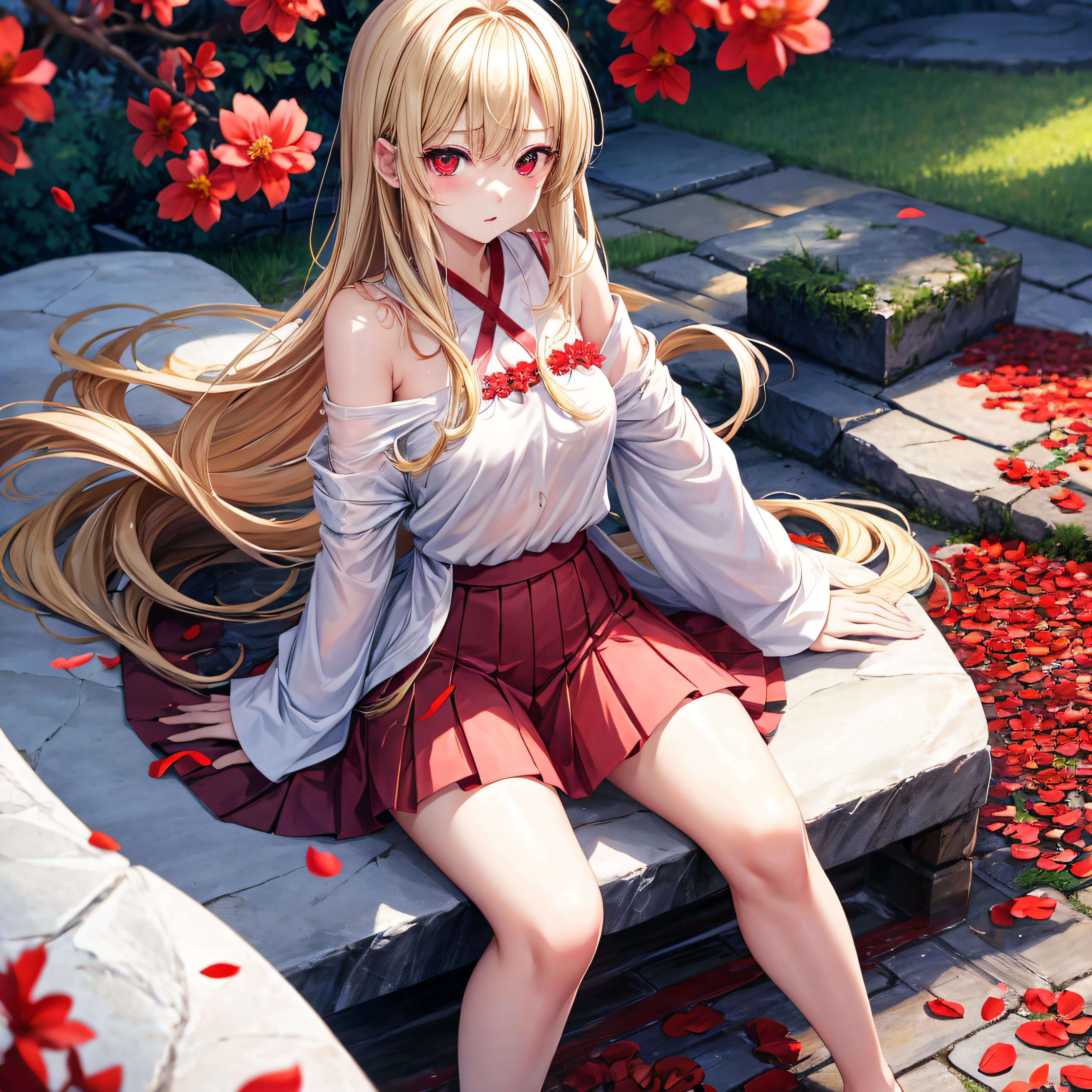 a blond、red eyes、1 pretty girl、animesque、lightly dressed、a miniskirt、sitting on、flower petals、bare-legged、wetting hair、sullenness