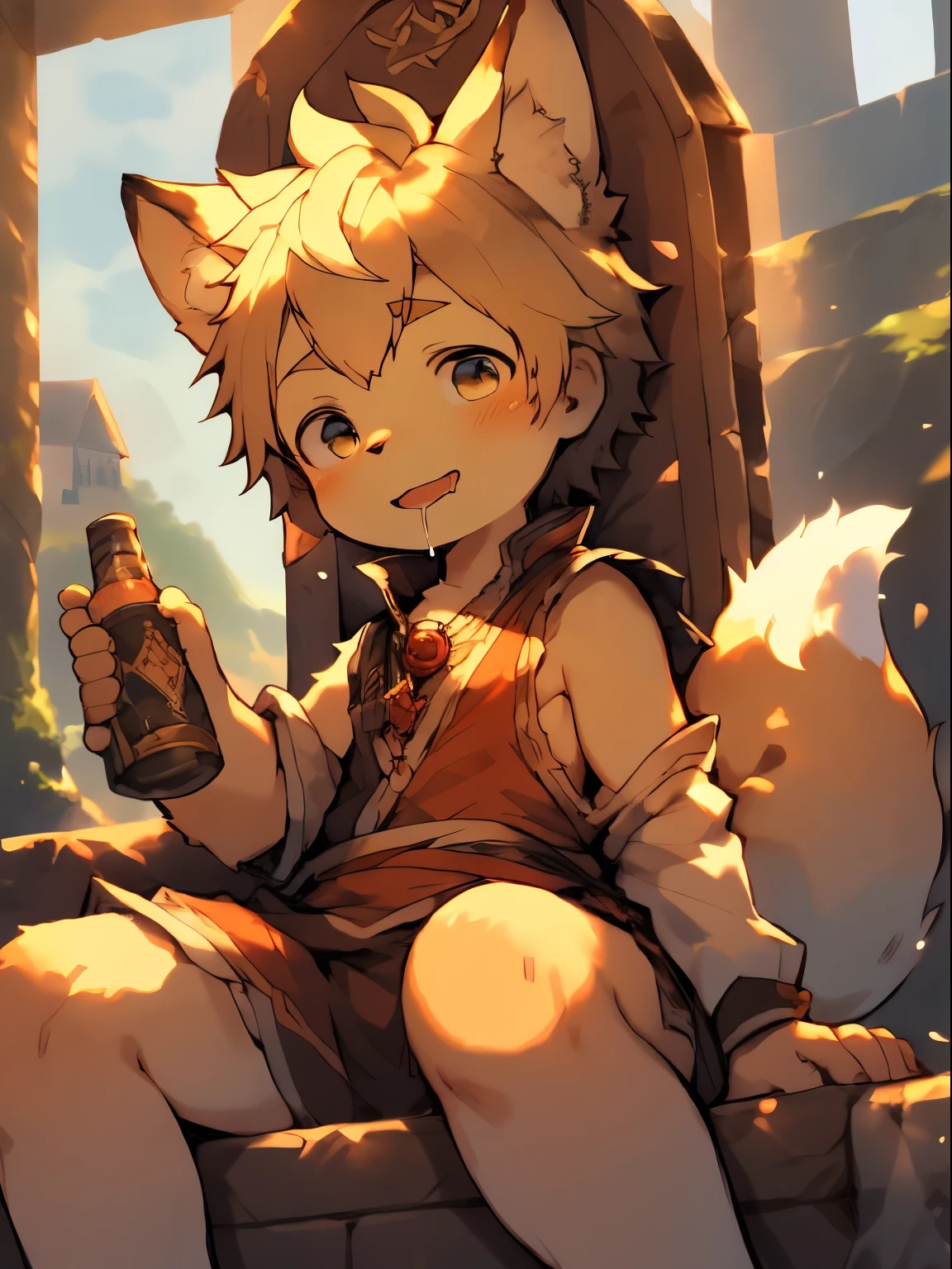 .(Detailed background:0.7), individual,hairy, hairy的男性, male focus, A masterpiece of hours,high quality,abstract res,number\(artwork\), by Dagasi, Yupa,Kiyoyama,(anthropology,fluffy fur,Character focus:1.1),Human male fox,Bright Eyes, panoramic, Character focus.(Detailed background:0.6), solo, hairy, hairy的男性, male focus, anthr,(全身hairy的, Fluffy tail)light yellow fur,A seven-year-old boy,cute,Raised crotch,toddler,blood red pupils,One tail has a white end,The ends of the limbs are white,cute的肉垫,cute的男孩子,The end color of the ear is orange,hairy的大耳朵,hairy大尾巴,sit in the water,legs spread,detailed background,Pale yellow hair,blonde,big eyes,Big head,hairy的毛发,Be open-minded,Hanfu,sports shoes,shy expression,calm expression,Maple Leaf Forest,field,Blue sky and white clouds 4k background,antiquity,hairy的狐狸耳朵,bright sunshine,tights,Chest is a little flushed,sense of technology,mechanical decoration,Black and red work clothes。