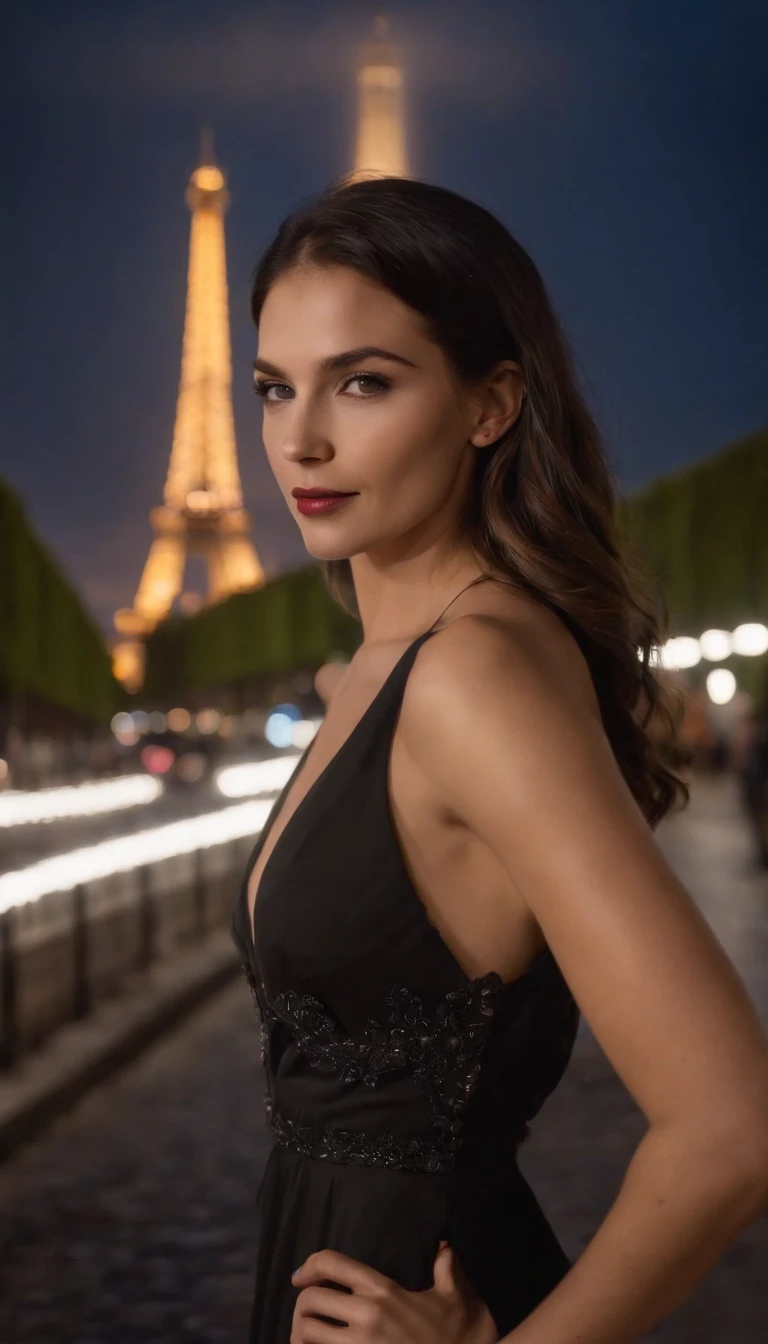 La mismo modelo posando con vestido negro ajustado en paris de noche