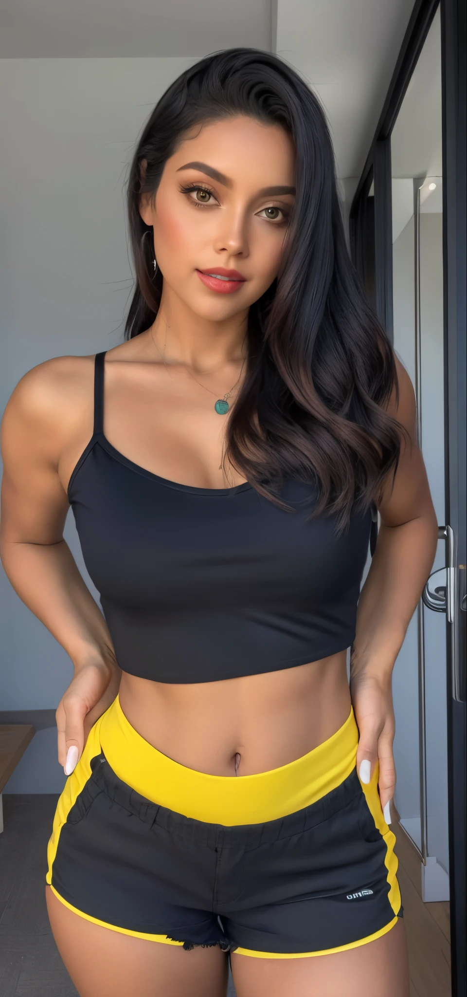 um close de uma mulher com uma blusa preta e shorts amarelos, she is wearing a black tank top, usando uma regata cropped preta, usando um top cropped sexy, usando uma regata preta cropped, usando crop top, vestindo croptop amarelo, regata preta apertada e shorts, usando roupas simples e apertadas, usando um top bonito, tinyest midriff ever