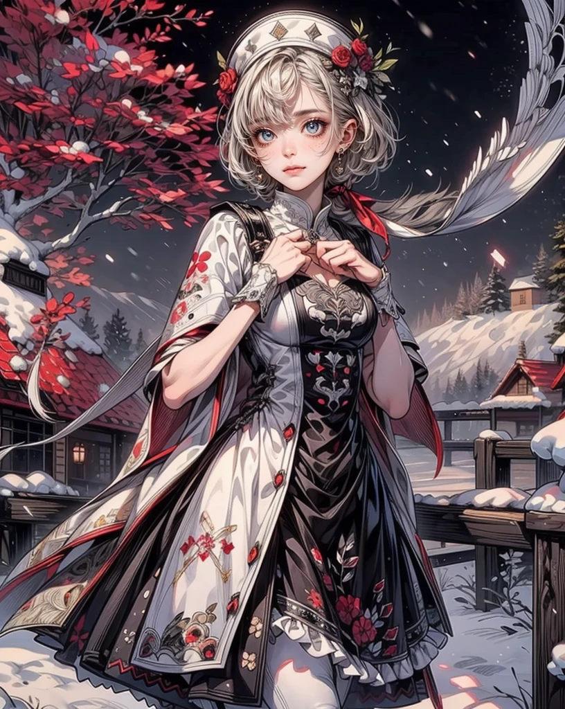 Fine illustration, ultra detailed, highres, from front, , elegant woman, elegant pose, black-white_dress, bodysuit, red tree,white_glistening long hair, beautiful woman, scenary world,snow,detailed bodysuit with glittery decoration of dress, detailed embroidery, extremely layered frills, detailed texture, detailed pattern, room background,