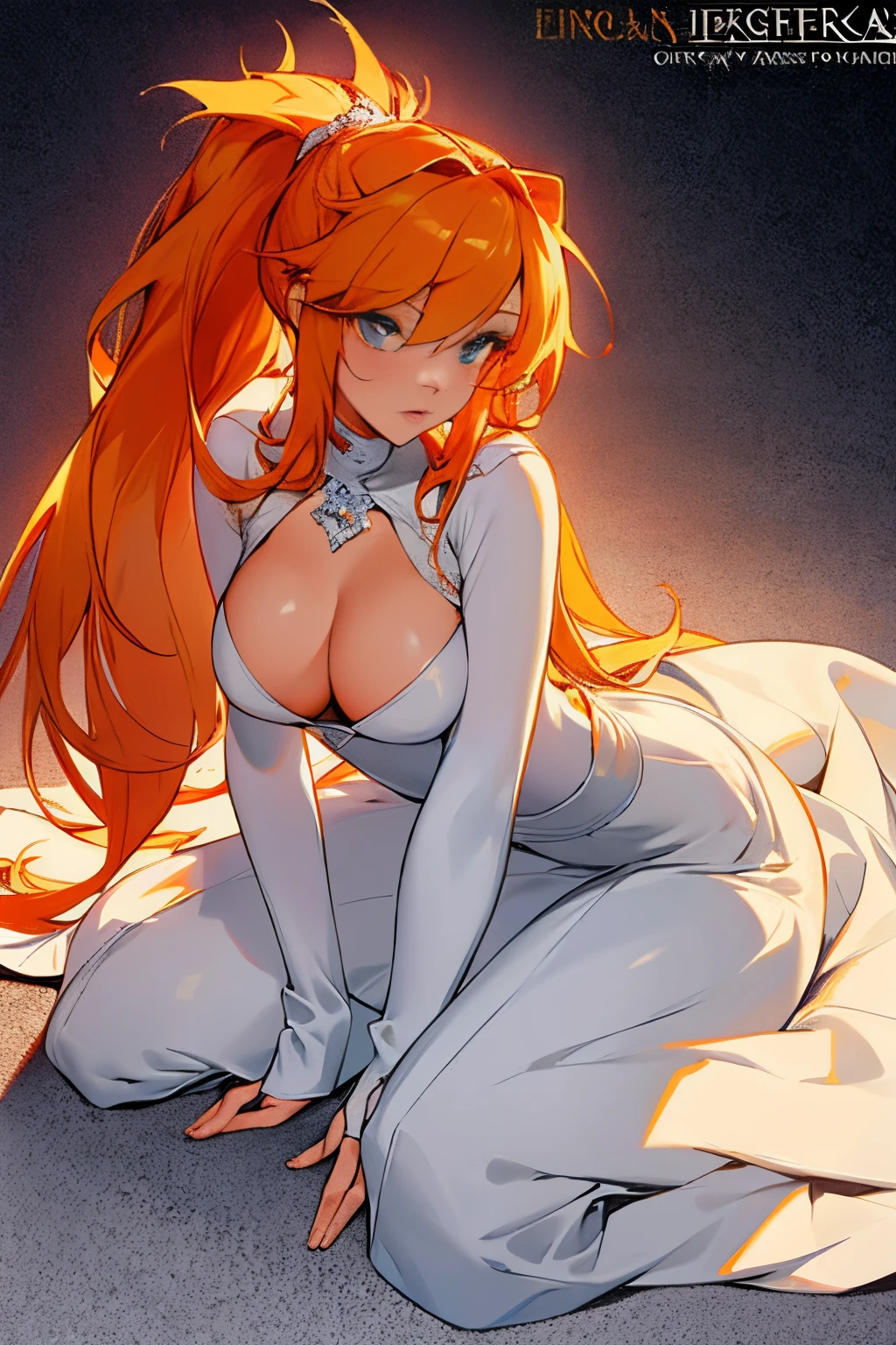 offcial art,Single horsetail,white wedding gown,Close-up cleavage,long skirt,,Lace,(tmasterpiece,Best quality at best,Detailed pubic hair, 独奏, Full body lesbian, wariza, origin, medium chest sound,Wonderful and magical, Unity 8k壁纸, ultra - detailed, Beautiful and beautiful,Luigi,clothes open,Bare chest, tmasterpiece, Best quality at best, realistically, Interface headset,Single ponytail for orange hair,Long gray hair,((wedding gown)), white apparel,Common,Long gray hair,red hair clothes,((wedding dress white)), white technical clothing, industrial setting, perfect body figure, Spacious size , Very sexy,,muscle group,orange colors,fansty world,Clean design,Epic Instagram , industrial setting, perfect body figure, Spacious size , Very sexy,,muscle group,orange colors,fansty world,Clean design,Epic Instagram,artistically ,the bride