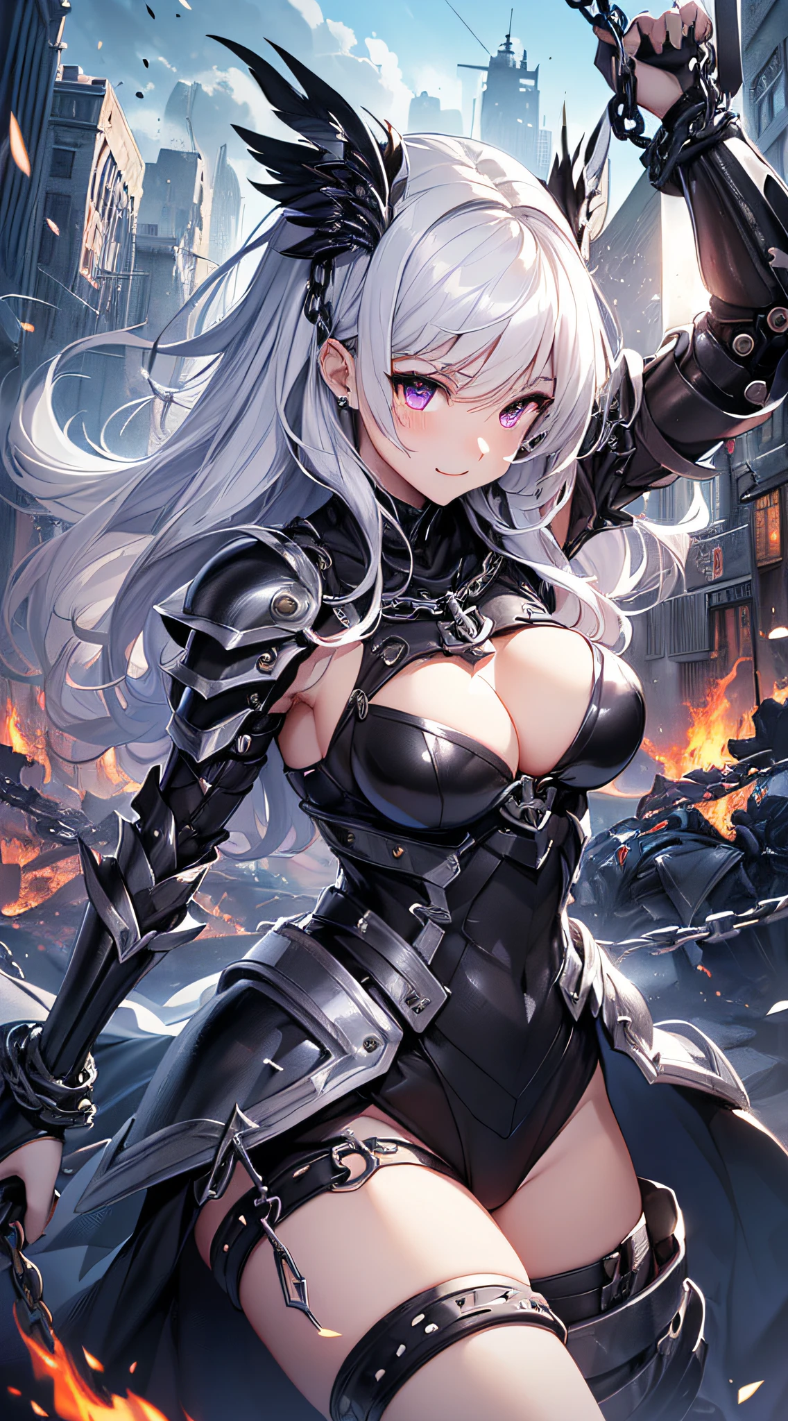 top-quality、Top image quality、masterpiece、girl with((Silver and black mechanical body armor、silver mechanical arm、silver leg arms、Shining red body line、sixteen years old、 ager、cute little、Best Bust、big bast,Beautiful shining purple eyes、Breasts wide open, white hair、black mechanical wings,Longhaire、A slender,Large valleys、belligerent movements,sharp claws、anchor chain、chain、chains、Beam Cannon、Laugh、holds a black sword、fighting poses)),hiquality、Beautiful Art、Background with(natta、(Burning City、Pillar of fire、fluttering white feathers、flying beam)))、,masutepiece、depth of fields,Cinematic style