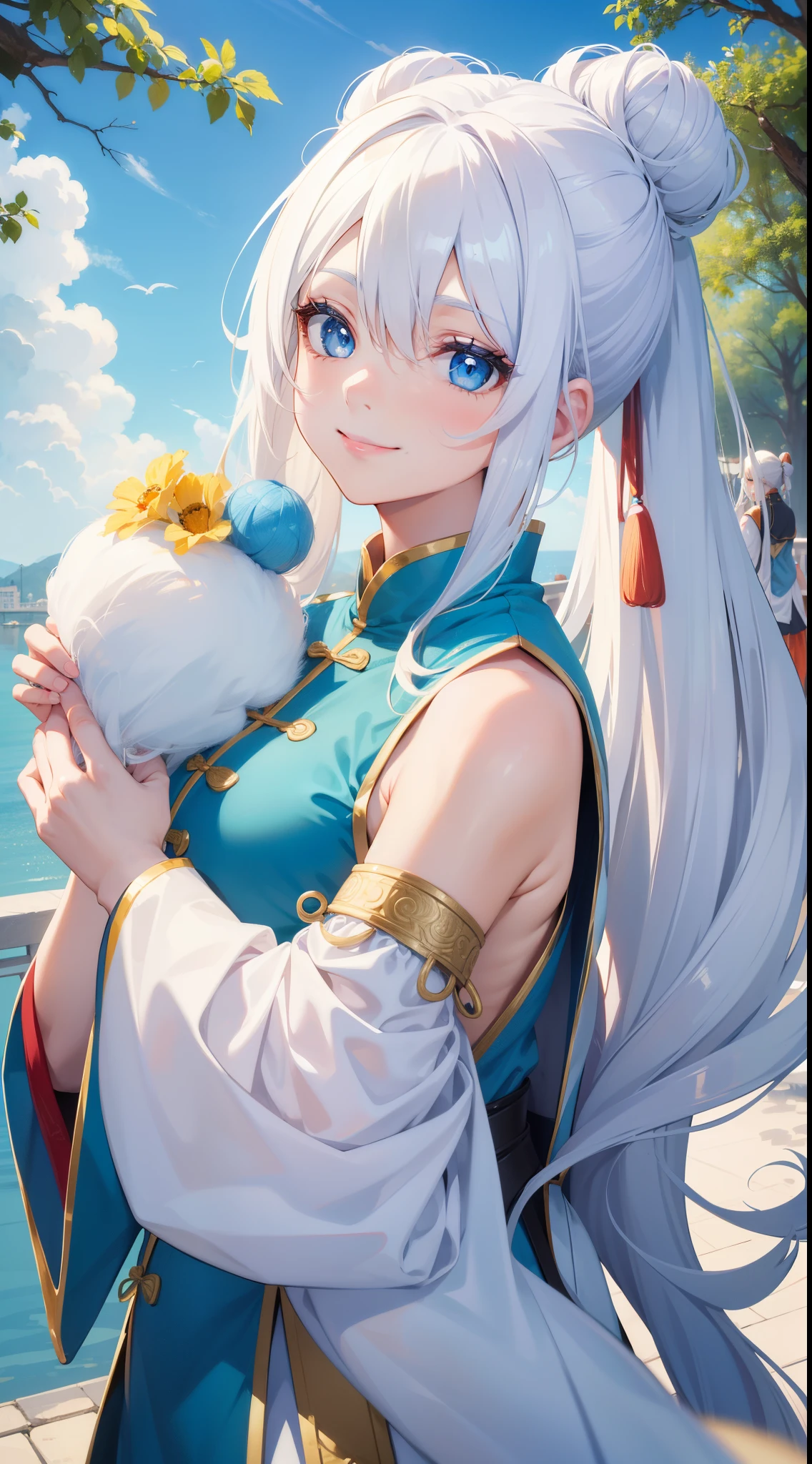 Adult girl, long lush white hair with 2 buns at top, blue eyes, Chinese clothes, sleeveless, cheerful look, smile, masterpiece, high quality