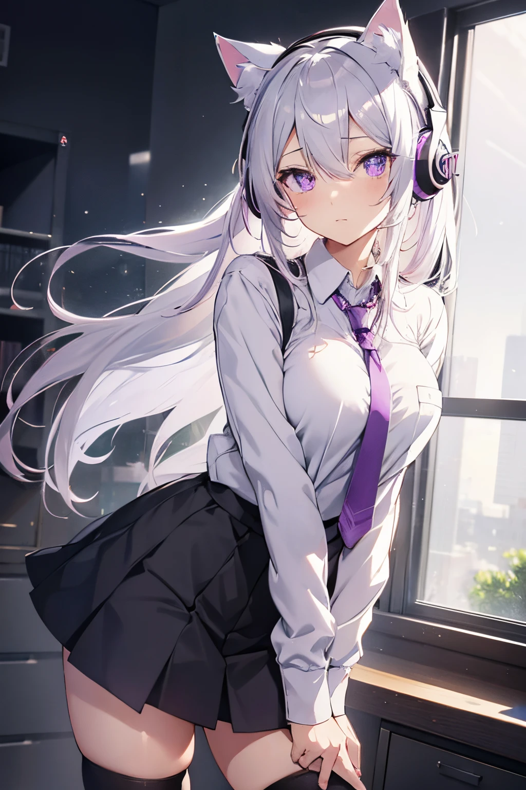 "anime girl, 1 person, silver white hair, light pink purple eyes, wearing cat ear headphones, female shirt, female school uniform, tie, black miniskirt, big breasts, tights, standing cross-legged, side view, (full HD 4K+ image)"