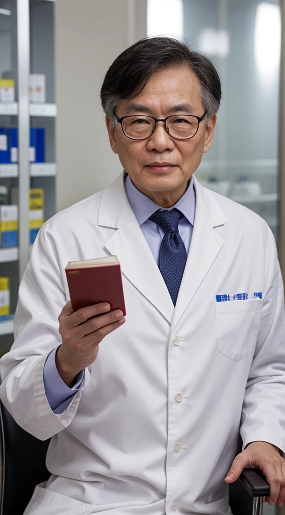 Best Quality, Super High Resolution, 1.4 times realistic, Chinese image, pharmacy background, holding book, white coat, doctor, face wrinkled, eyes very bright, 60 years old, wearing glasses, male doctor, face, full body, sit in a chair at work