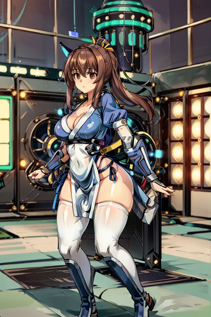 (masterpiece, best quality:1.3)
KasumiDOA, 1girl, solo, long hair, breasts, looking at viewer, bangs, large breasts, brown hair, thighhighs, dress, ribbon, cleavage, brown eyes, medium breasts, underwear, standing, panties, hair ribbon, braid, short sleeves, cowboy shot, japanese clothes, puffy sleeves, white thighhighs, puffy short sleeves, lips, sash, pelvic curtain, yellow ribbon, realistic, nose, arm guards, kote,hypnoLora,
empty eyes,Upright Pose,(Inside a futuristic and complex operational command center:1.6)