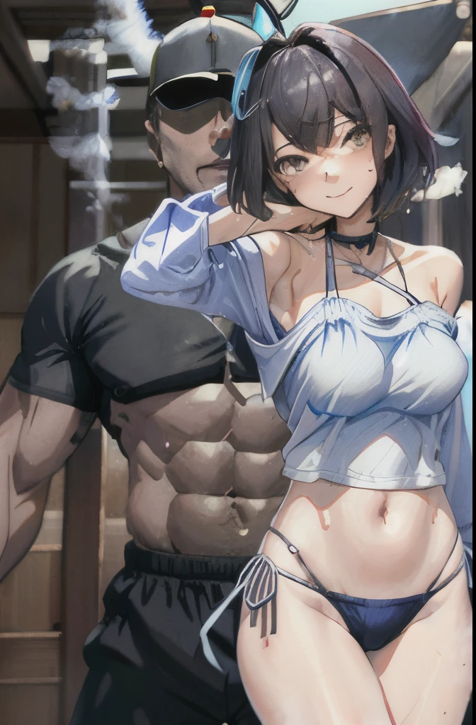 1boy,1girl in、Complete human body、​masterpiece, top-quality, hight resolution, 1girl in, Upper body peephole door, Open the door, doorways、Little Beautiful Girl、Dark hair、Shortcut Hair、cute little、off shoulders、Plain white wet oversized loose T-shirt、((((Yor, Sweat,steam,Lower grade)))),Sneaky macho faceless man standing behind a girl and putting his hand on her shoulder、tall dark-skinned man、Middle-aged man in  swimsuit、the man grins、man with beer can、Drunk man、Half-naked man