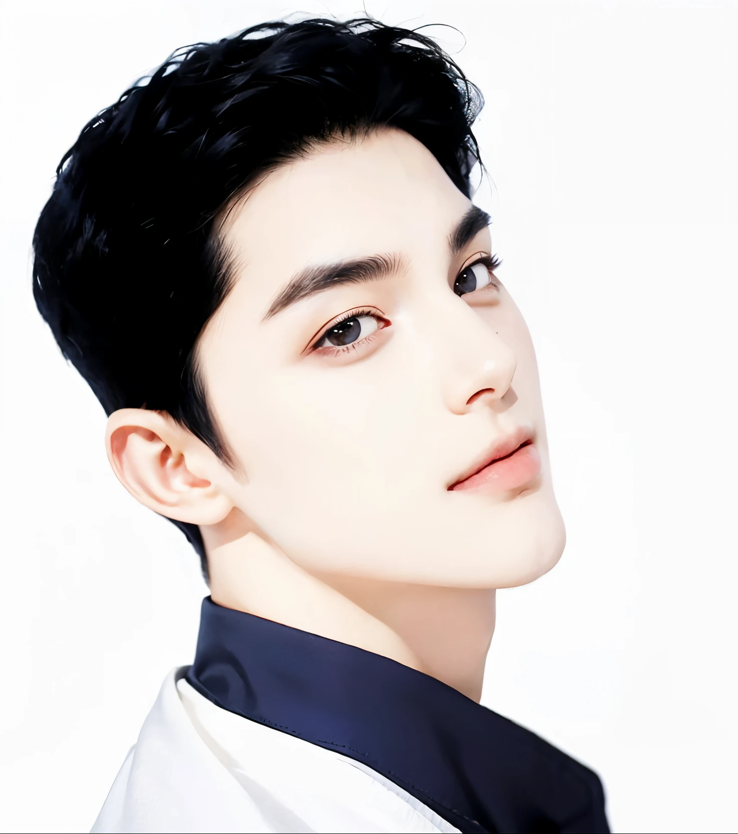 The guy with the black hair, blue shirt and white robe, man with realistic short thick black hair, exactly the same hairstyle, realistic beautiful face, realistic expression serious face, adapt the same clothes, realistic black suit, Realistic light, realistic shadows, Realistic ultra high resolution background.photo-realistic:1.4,UHD. Realistic,High resolution without, Masterpiece, Best Quality, Ultra-detailed, better shadow, voluminous lighting), Super High Quality, High Resolution, 8K, Hyper-realistic portrait , photorealestic, dinamic lighting, voluminous lighting, Very Detailed Faces, small smile open mouth, open mouth, smailing