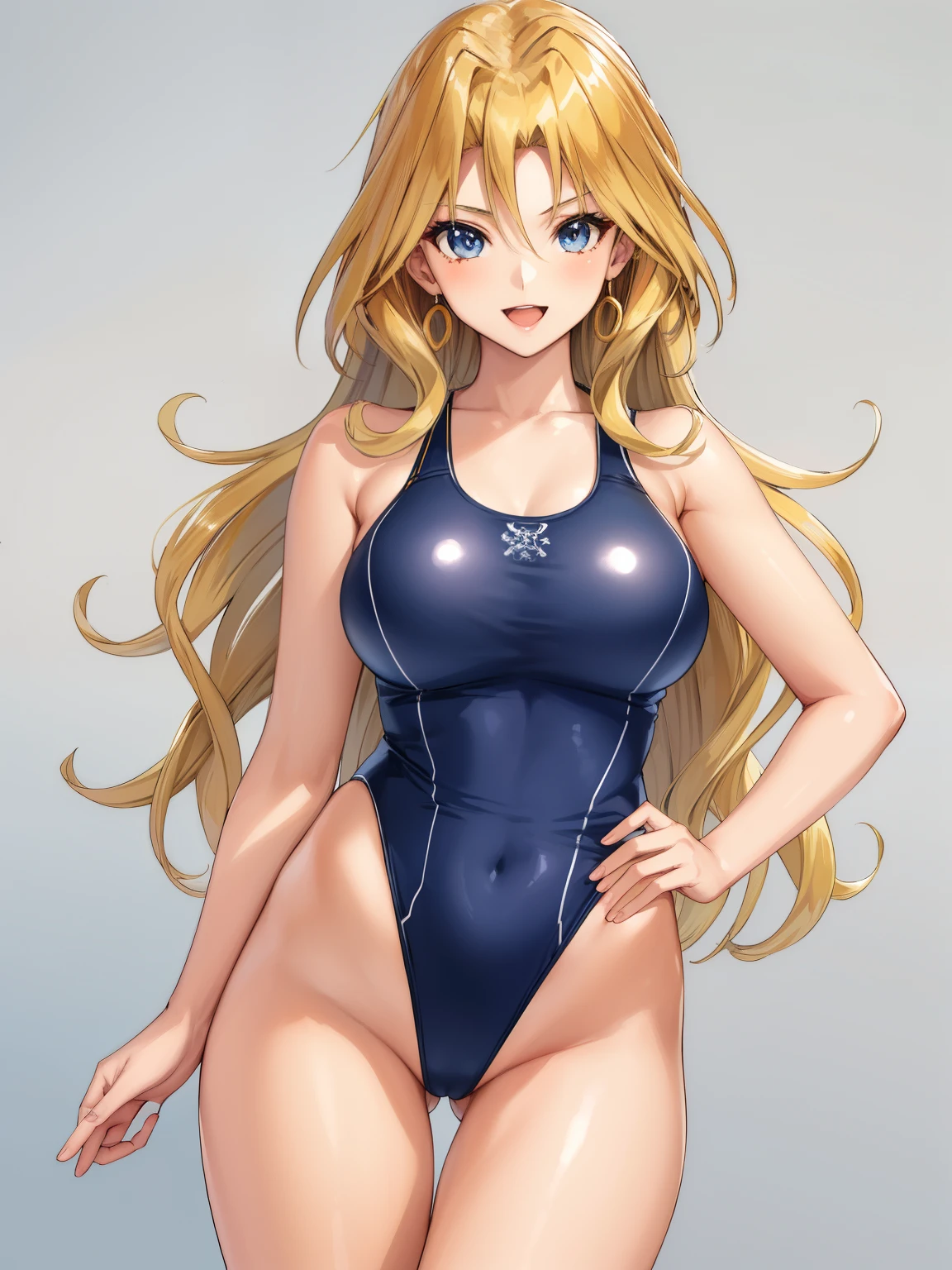 an anime girl、a matural female、beautiful a girl、solo、girl wearing a swimsuit、very long blonde girl、rating:safe、onepiece swimsuit、 Anime girl in a black and orange tank suit、Anime girl wearing a black and gold tank suit、 Black and orange high leg racing swimwear、Black and gold high-leg racing swimwear、huge tit、Woman with very large breasts、garments:High-cut swimwear、shiny、Blue-eyed girl、shiny_clothes、Swimsuit for swimming competitions、grey_background、girl with half up hair、open_mouth、Flyback、shiny_skin、covered_navel、cowboy_shot、smile、thigh_gap、shiny_hair、Competitive swimsuit、High Leg Racing Swimwear、looking_at_viewer、;d、simple_background、collarbone、blush、Anime girl standing、earrings、The best girls in anime、artwork in the style of guweiz、Detailed Digital Anime Art、perfectly shaded body、realistic anime 3 d style、beautiful attractive anime girl、realistic anime art style、realistic shaded perfect body、