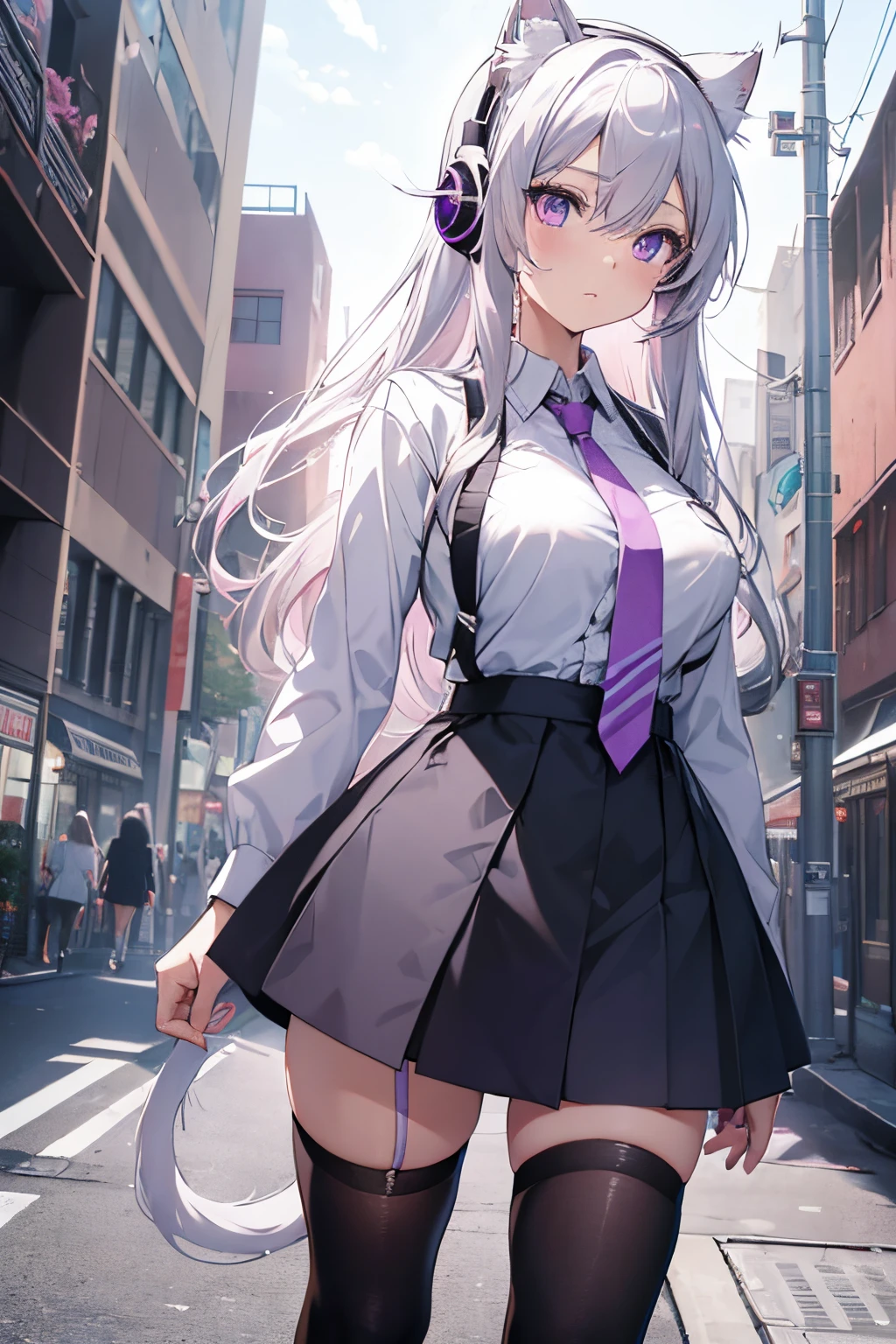 "anime girl, 1 person, silver white hair, light pink purple eyes, wearing cat ear headphones, female shirt, female school uniform, tie, black miniskirt, big breasts, tights, standing cross-legged, side view, (full HD 4K+ image)"