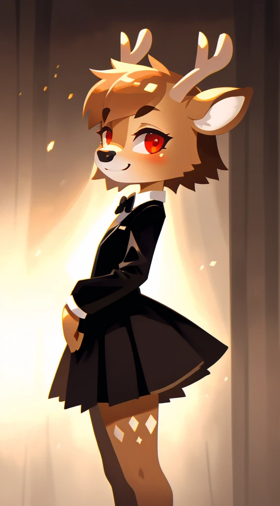 Best Quality, super detailed illustration,(deer guy:1.2) , The body is like a girl's, Short Hair Hair, Dressed as a butler, scarlet eyes, gloomy atmosphere, very detail, The legs are extremely detailed, The hands are very detailed, The face is extremely detailed, The eyes are perfectly detailed, The anatomy is very detailed))): 1.2, 独奏, sexy body, Skin, perspective, front angle, friendly look and smile, the perfect body, Attractive, THE MOST COMPLIED