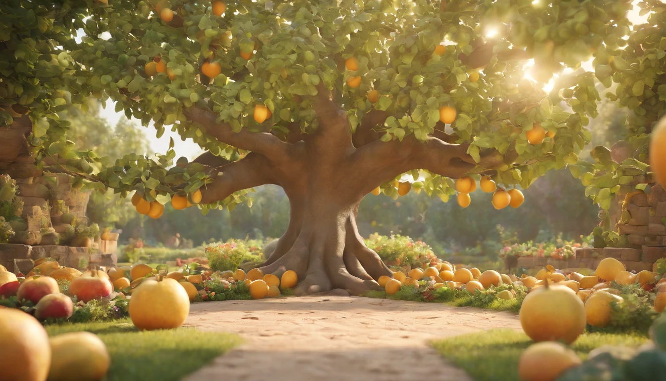 a pixa Disney cartoon cover of biblical times; the tree of life in the middle of a very beautiful garden, with golden fruits, no roads just a tree in the middle, 3D, animation film, animated film still, rendered in corona, epic illumination.