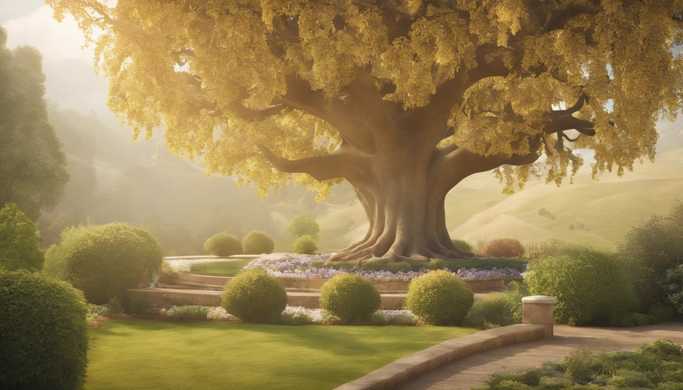 a pixa Disney cartoon cover of biblical times; the tree of life in the middle of a very beautiful garden, with golden fruits, no roads just a tree in the middle, 3D, animation film, animated film still, rendered in corona, epic illumination.