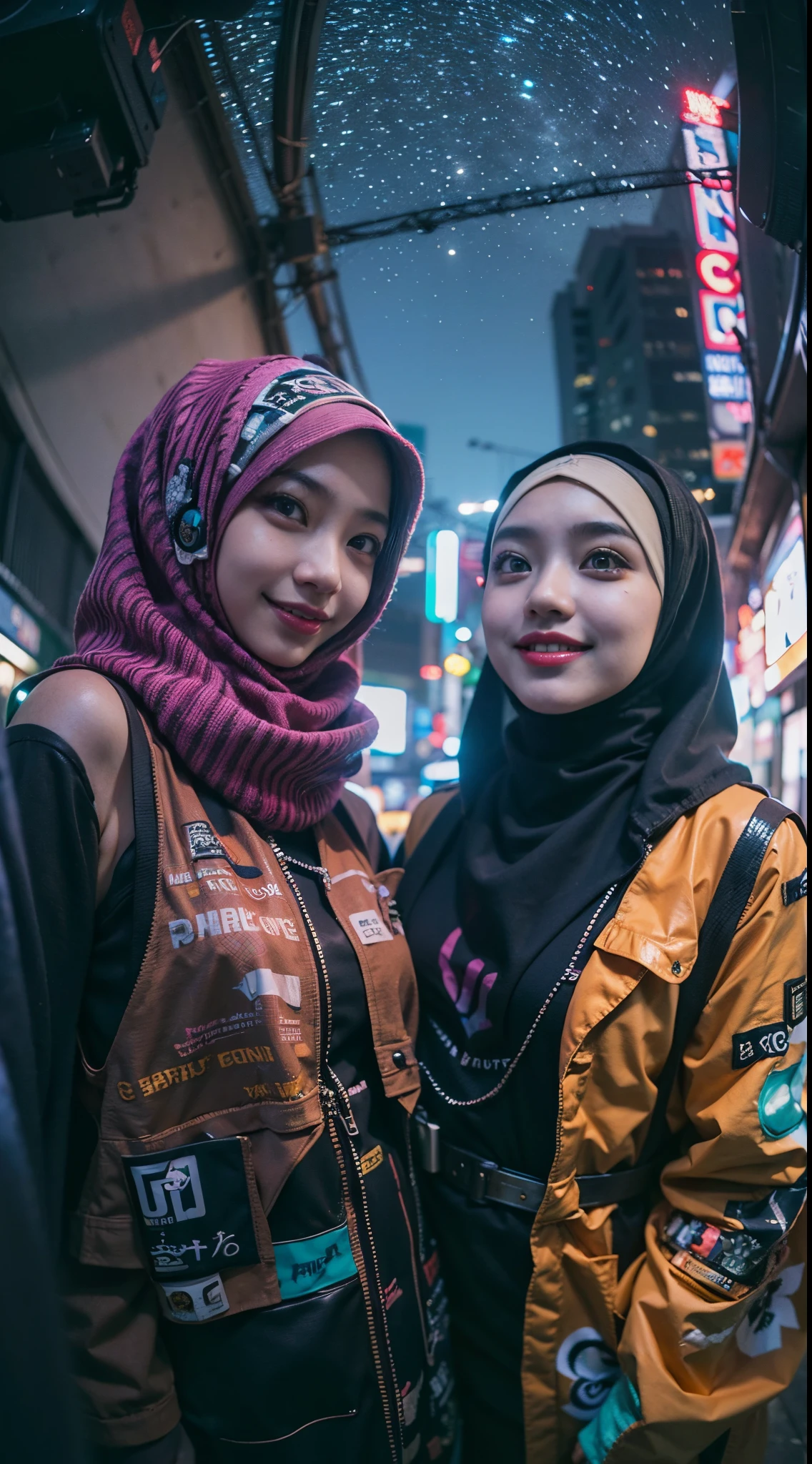 ((2 cyberpunk malay girls in hijab wearing colorful Harajuku style pop outfit)), ((fisheye lens)), cowboy shot, wind, cyberpunk cityscape, (aesthetics and atmosphere:1.2), smiling, ((cinematic lighting))