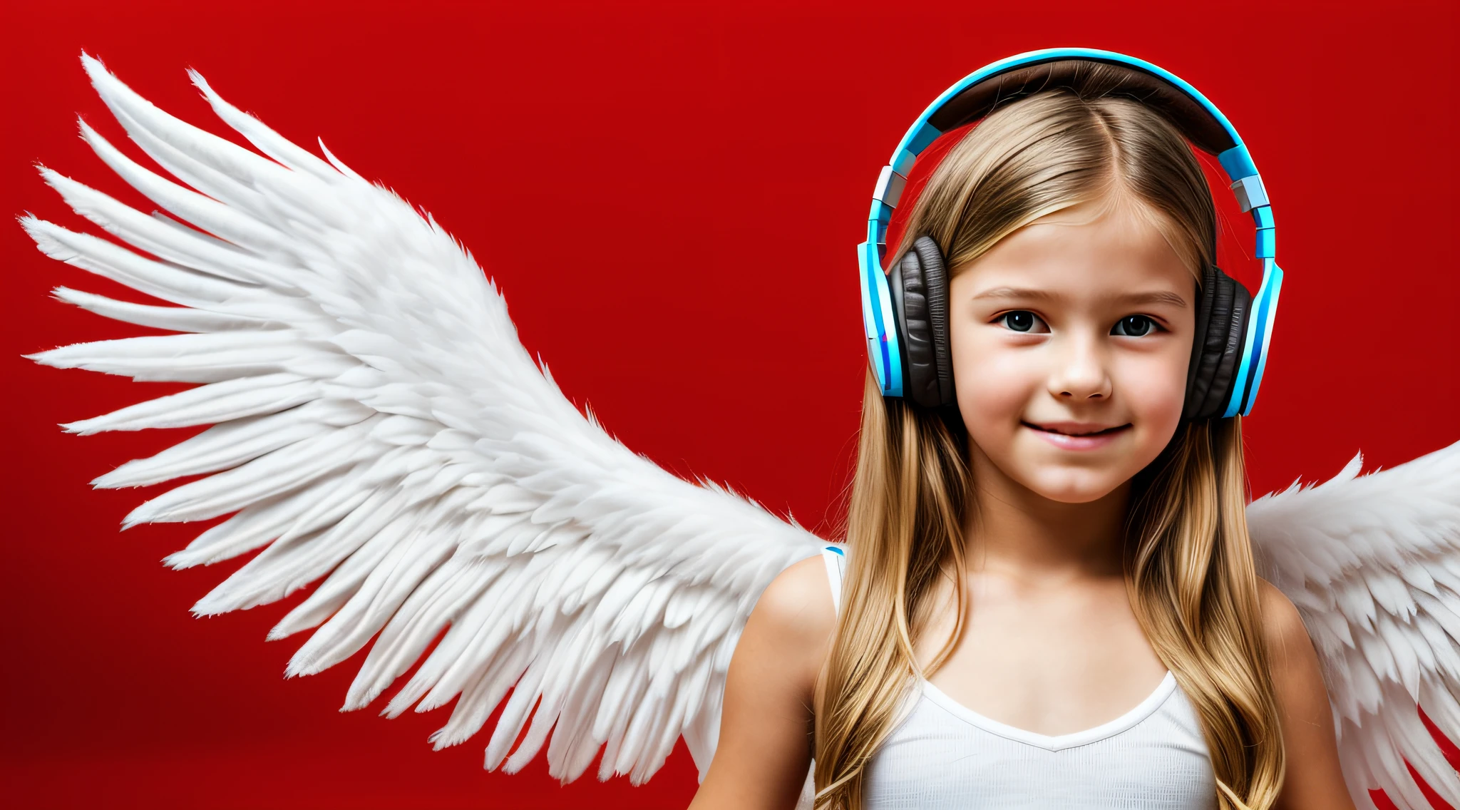 cruzar menina de 10 anos, Russian with long blond hair, Asas de Anjo, e fone de ouvido pegando fogo na frente de um fundo vermelho, objetivos opostos