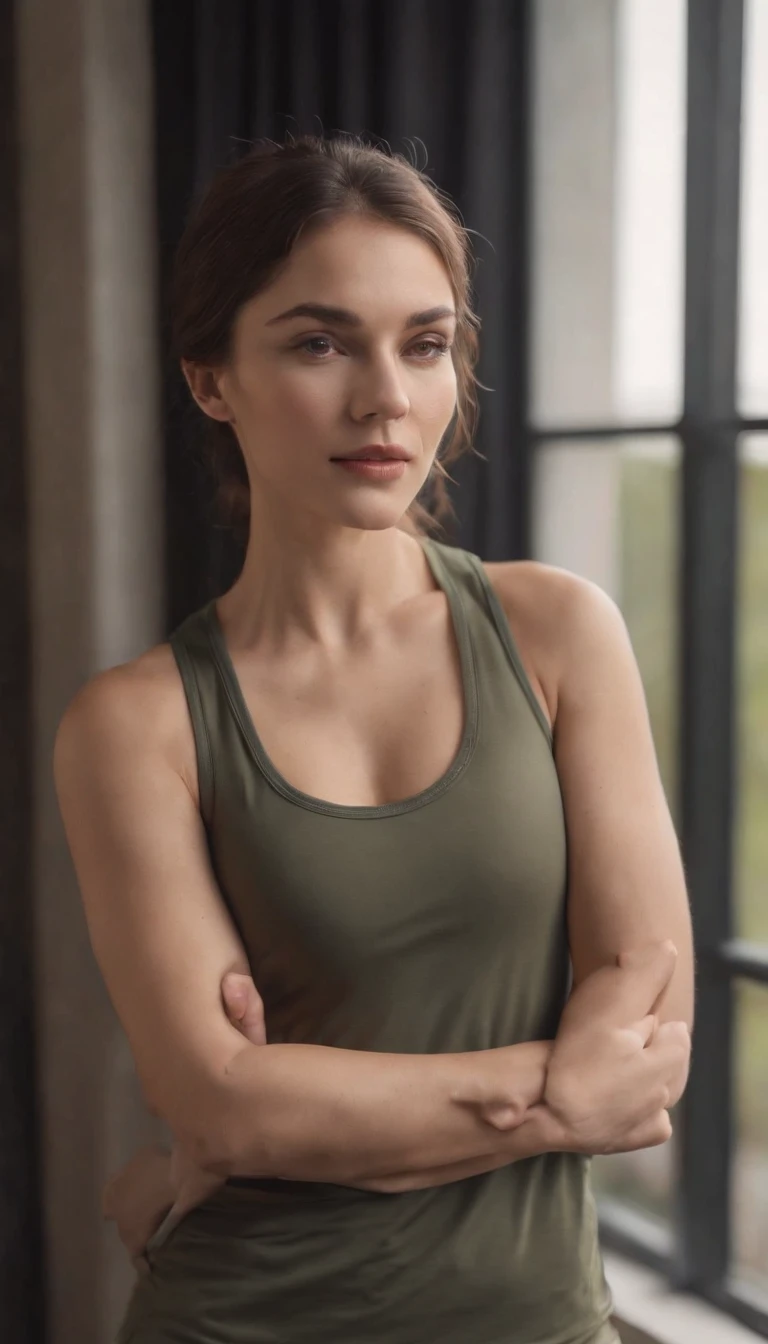La mismo modelo posando con ropa deportiva ajustada en casa