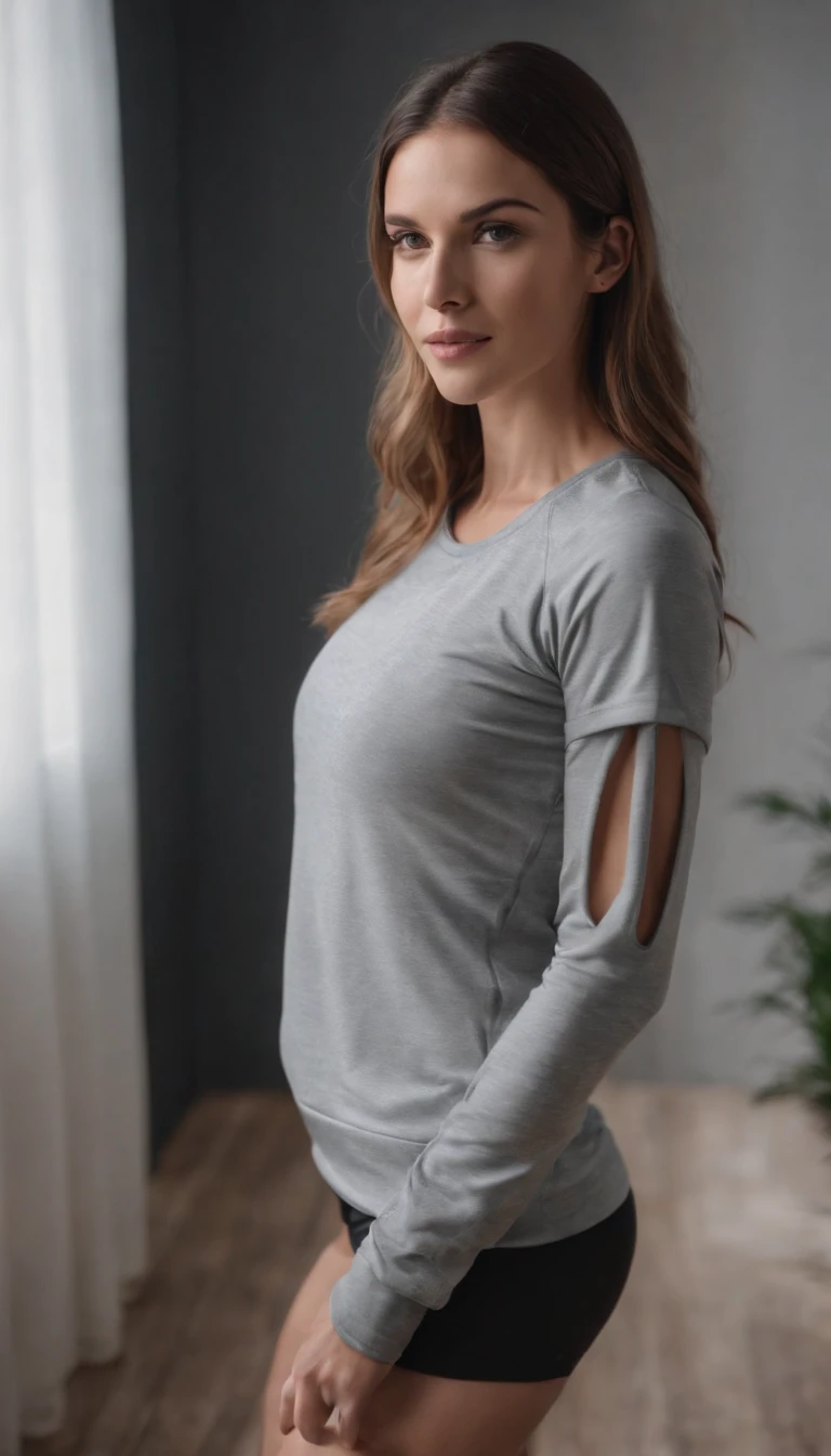 La mismo modelo posando con ropa deportiva ajustada en casa